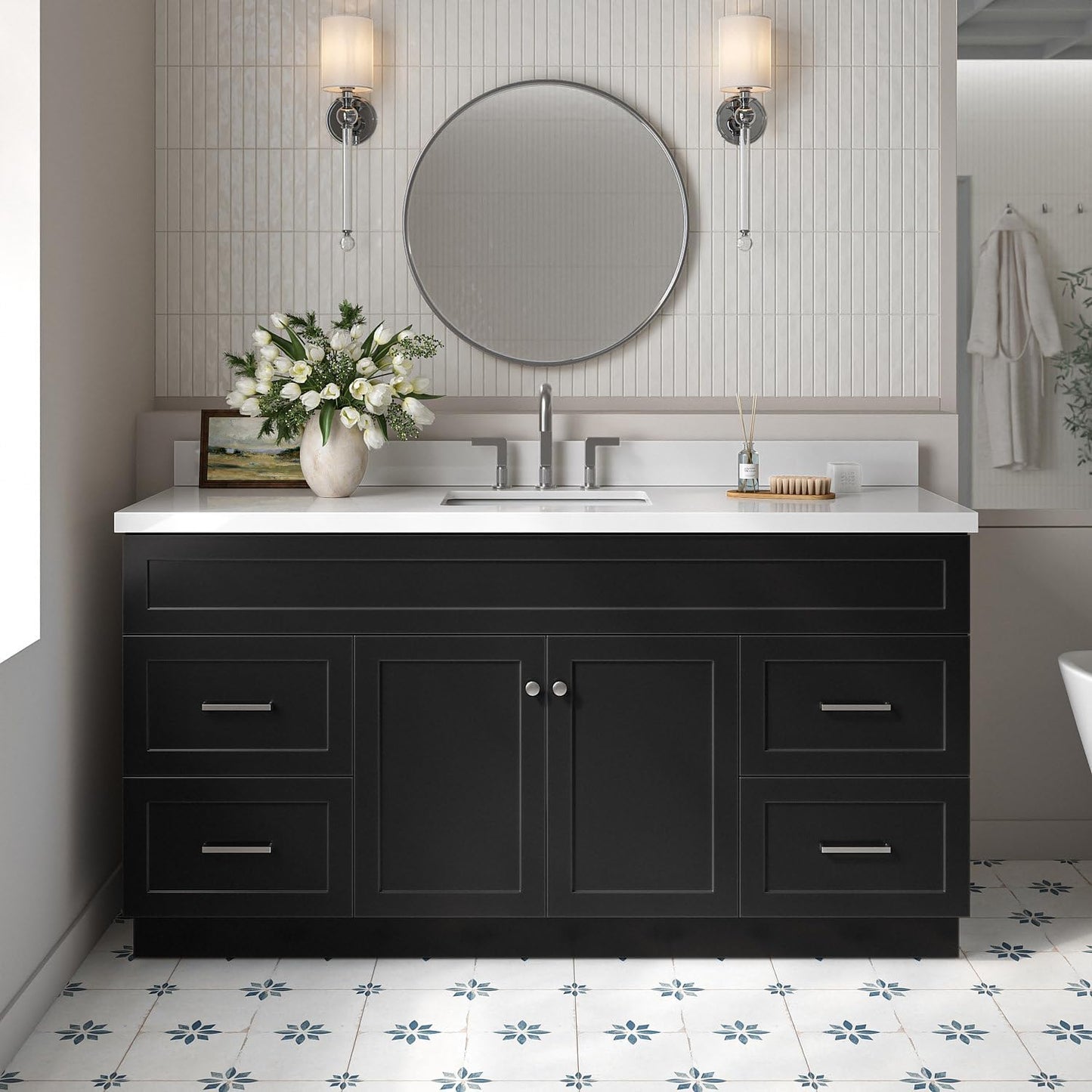 ARIEL Hamlet 43 Inch Single Sink Bathroom Vanity in White, 1.5" Edge Quartz Top, Solid Wood, Rectangular Sink, 2 Soft Closing Doors, 4 Full Extension Dovetail Drawers, Toe Kick