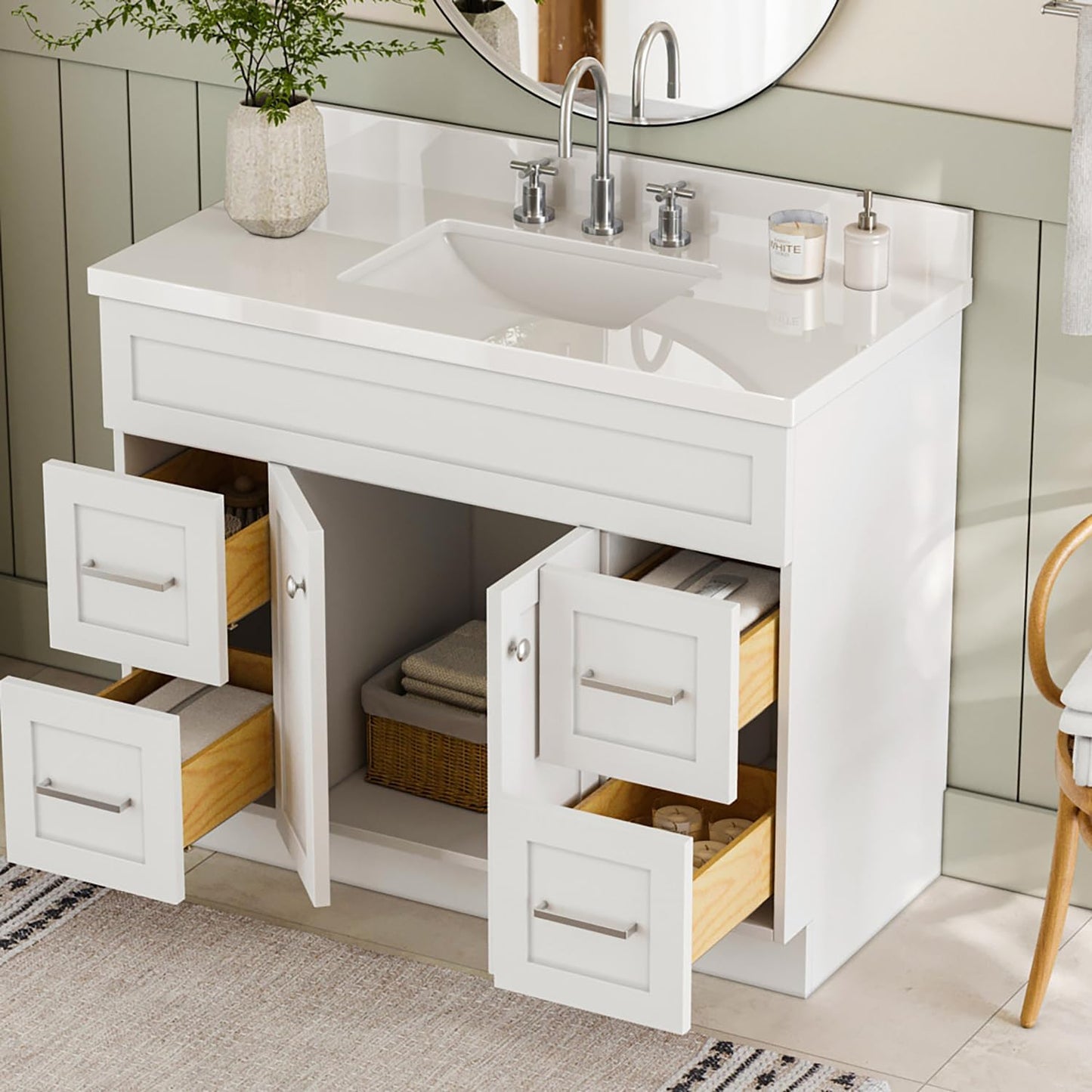 ARIEL Hamlet 43 Inch Single Sink Bathroom Vanity in White, 1.5" Edge Quartz Top, Solid Wood, Rectangular Sink, 2 Soft Closing Doors, 4 Full Extension Dovetail Drawers, Toe Kick