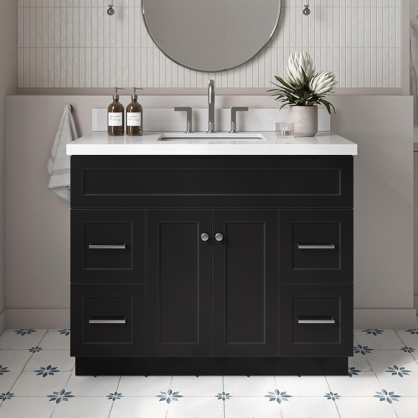 ARIEL Hamlet 43 Inch Single Sink Bathroom Vanity in White, 1.5" Edge Quartz Top, Solid Wood, Rectangular Sink, 2 Soft Closing Doors, 4 Full Extension Dovetail Drawers, Toe Kick