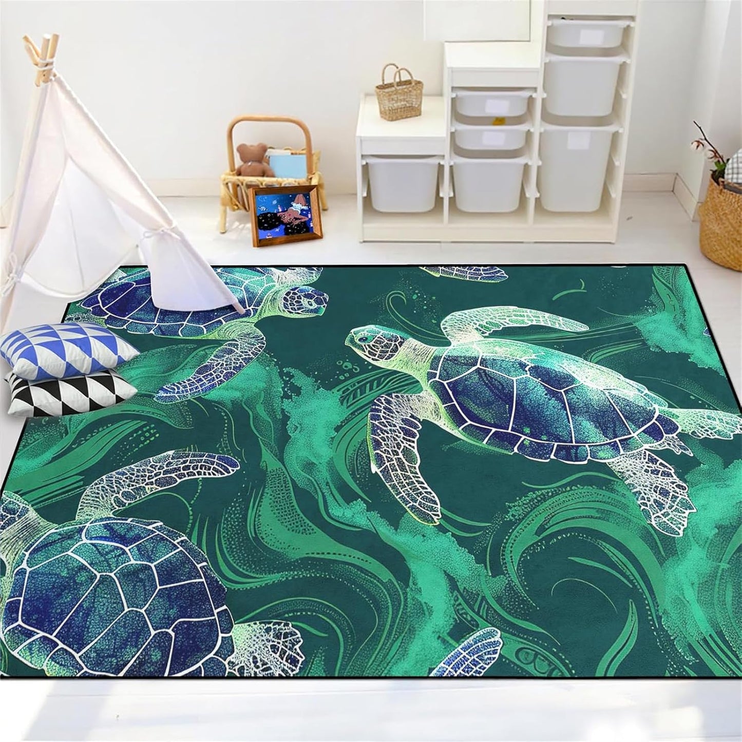 Sea Turtle Rug - Ocean Animal Theme Area Rug Blue Turtle Coral Printted Carpet Sea Animal Underwater Carpet Sea Turtle Mat for Kids Bedroom Living Room Decor,3'×5'
