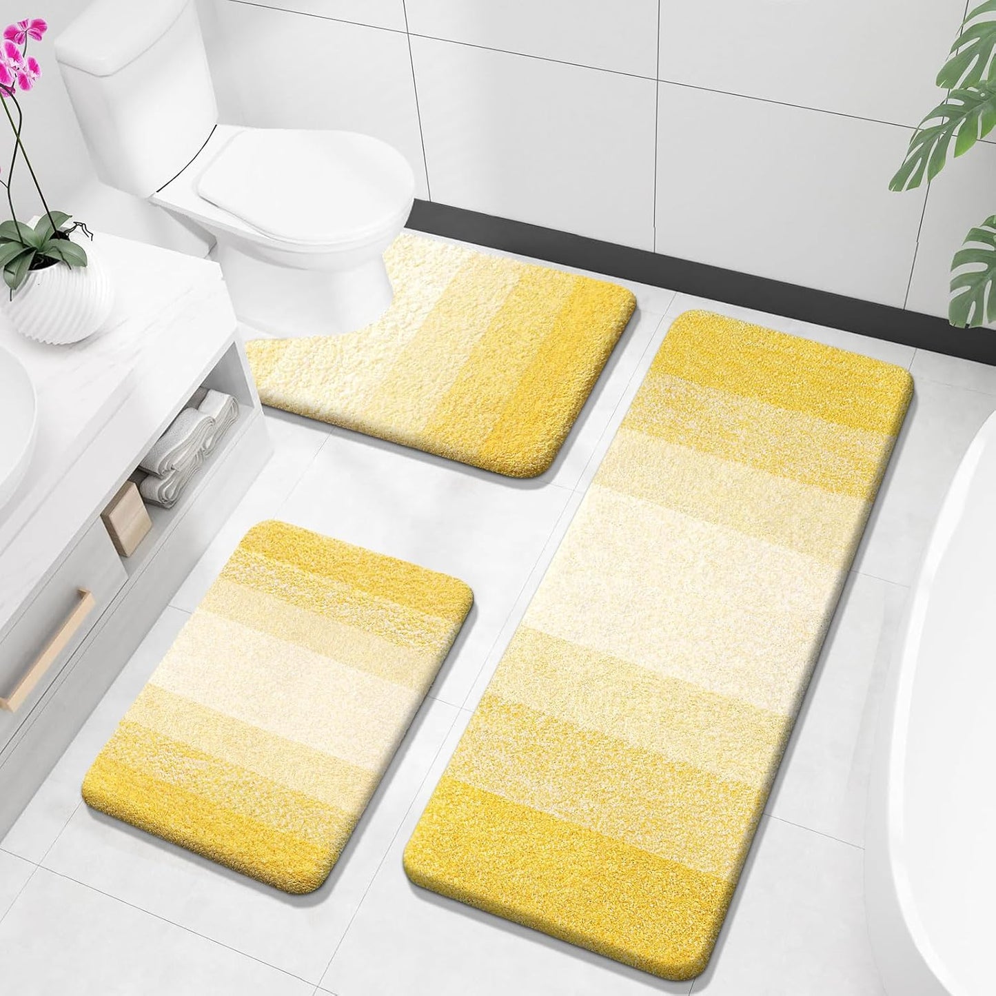 OLANLY Bathroom Rugs Sets 3 Piece, Soft Absorbent Microfiber Bath Mats and U-Shaped Contour Toilet Rug, Plush Shaggy Bath Mat Set for Bathroom (30"x20"+24"x16"+24"x20", Navy)