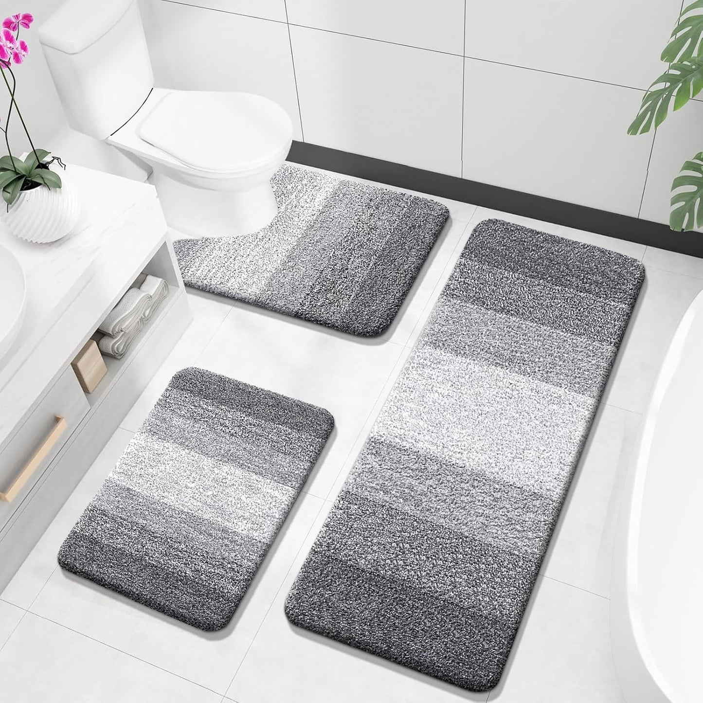 OLANLY Bathroom Rugs Sets 3 Piece, Soft Absorbent Microfiber Bath Mats and U-Shaped Contour Toilet Rug, Plush Shaggy Bath Mat Set for Bathroom (30"x20"+24"x16"+24"x20", Navy)