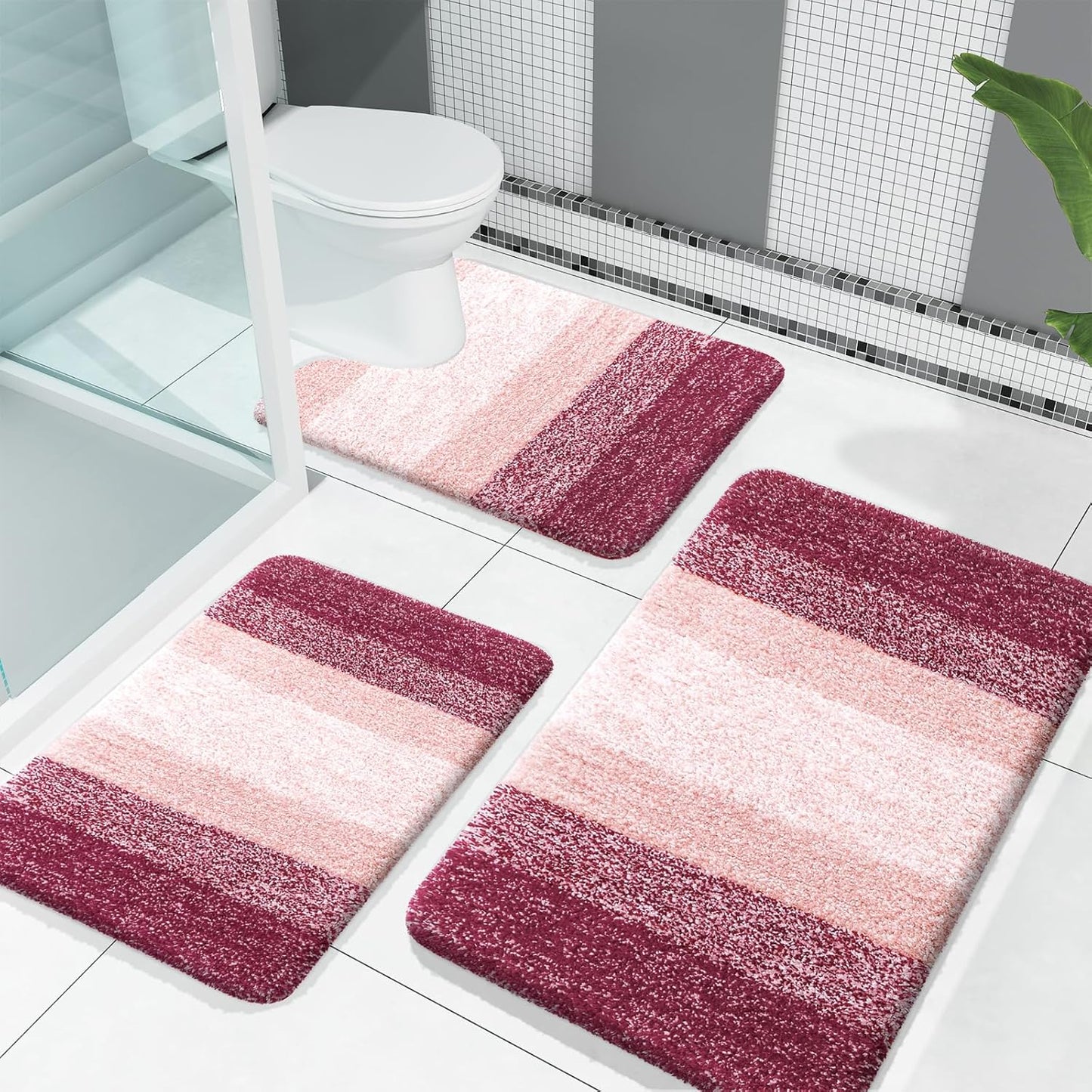 OLANLY Bathroom Rugs Sets 3 Piece, Soft Absorbent Microfiber Bath Mats and U-Shaped Contour Toilet Rug, Plush Shaggy Bath Mat Set for Bathroom (30"x20"+24"x16"+24"x20", Navy)
