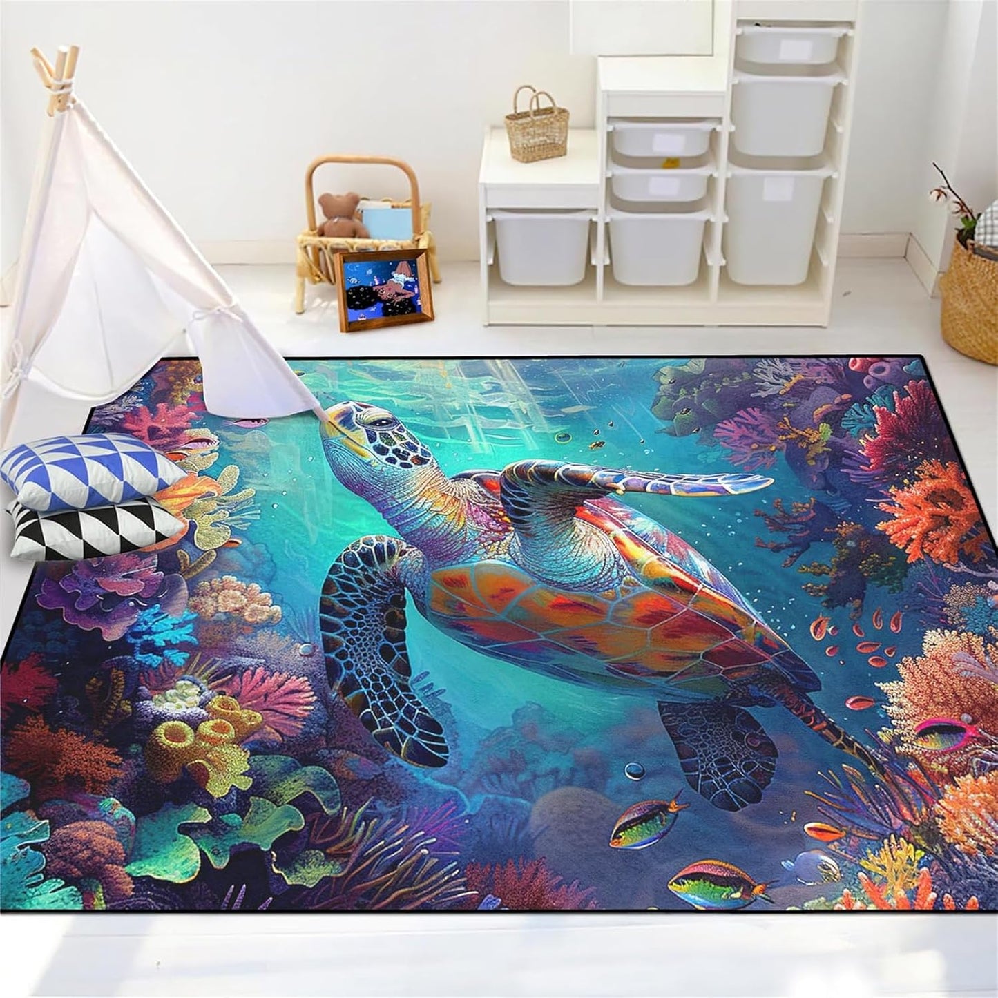 Sea Turtle Rug - Ocean Animal Theme Area Rug Blue Turtle Coral Printted Carpet Sea Animal Underwater Carpet Sea Turtle Mat for Kids Bedroom Living Room Decor,3'×5'