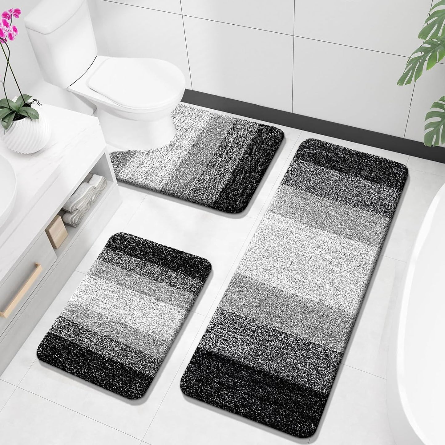 OLANLY Bathroom Rugs Sets 3 Piece, Soft Absorbent Microfiber Bath Mats and U-Shaped Contour Toilet Rug, Plush Shaggy Bath Mat Set for Bathroom (30"x20"+24"x16"+24"x20", Navy)