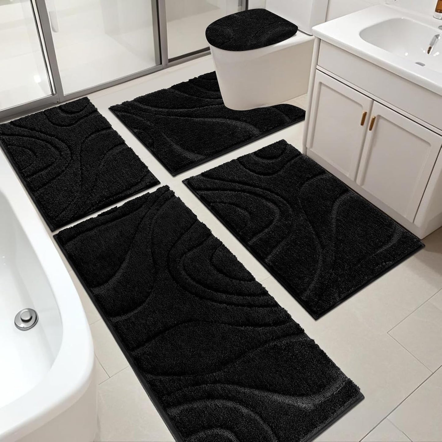 HEBE Bathroom Rugs Sets 5 Piece, Soft Absorbent Microfiber Bath Mat for Bathroom, Non Slip Washable Bath Rug Set with Toilet Cover, Bath Runner and U-Shaped Contour Toilet Rug, Coffee