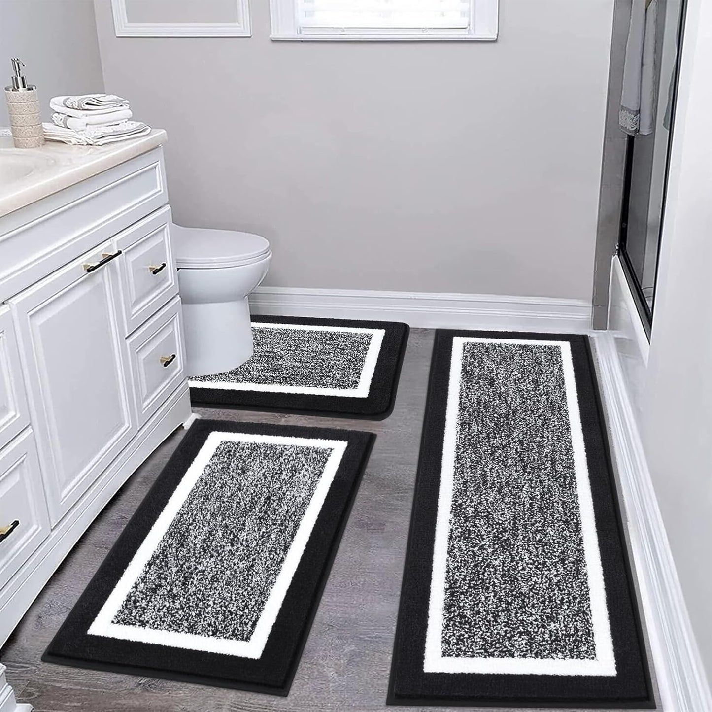 Pauwer 3 Pieces Bathroom Rugs Sets, Ultra Soft Non-Slip Mats, Microfiber Absorbent Bath Rugs with U-Shaped Toilet Rug for Bath Floor, Tub, Shower, Blue