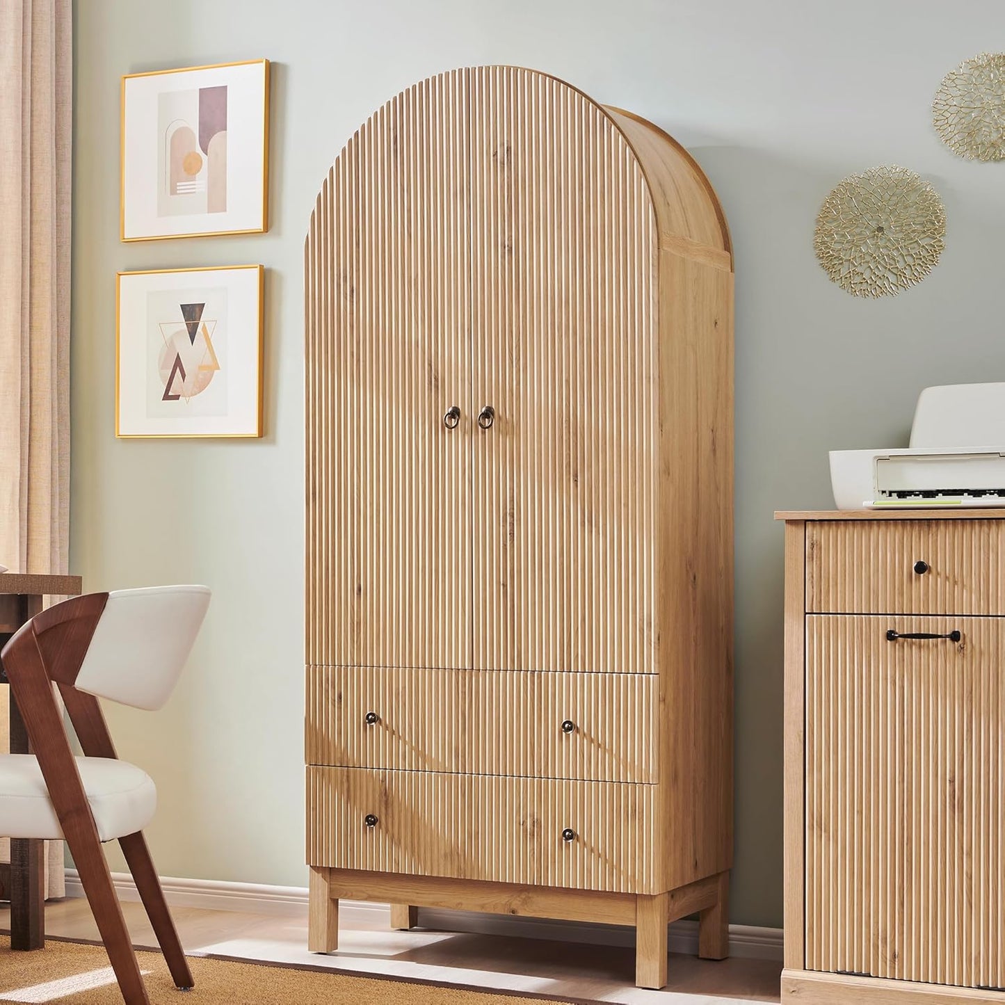 71" Tall Arched Bathroom Storage Cabinet, Modern Fluted Cabinet Storage with 4 Shlves and 2 Drawers, Floor Cabinet for Bathroom, Living Room, Kitchen, Natural