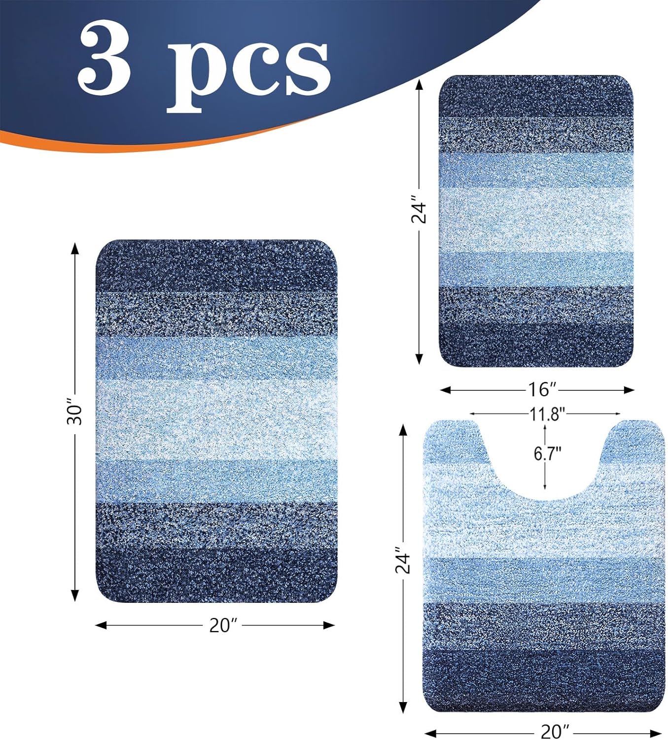 OLANLY Bathroom Rugs Sets 3 Piece, Soft Absorbent Microfiber Bath Mats and U-Shaped Contour Toilet Rug, Plush Shaggy Bath Mat Set for Bathroom (30"x20"+24"x16"+24"x20", Navy)