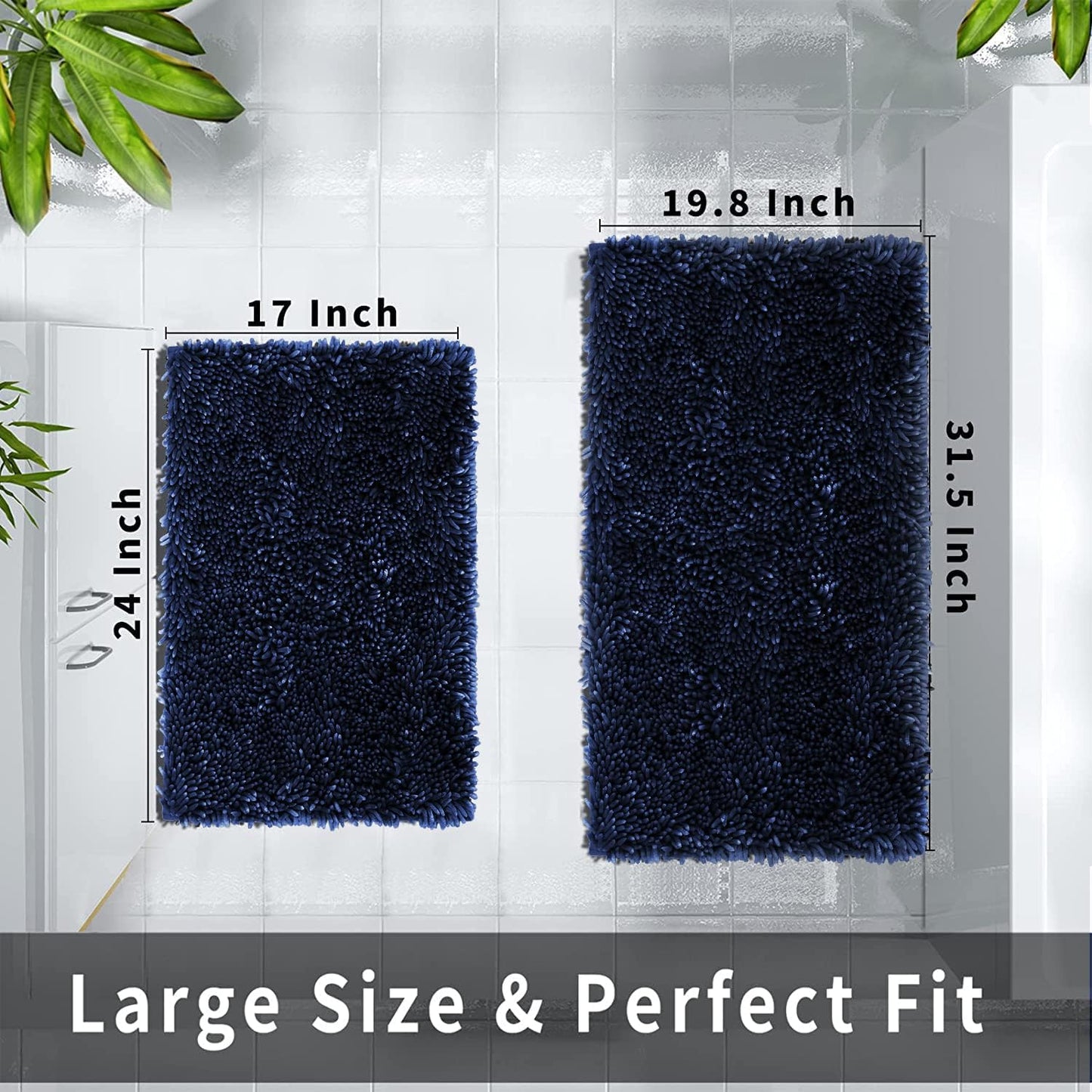 Yimobra Bathroom Rug Set 2 Piece, Luxury Shaggy Bath Mat Set with Non Slip Backing, Ultra Soft & Absorbent Mats for Bathroom Floor, Machine Washable, 31.5"x20"+24"x17", Blue