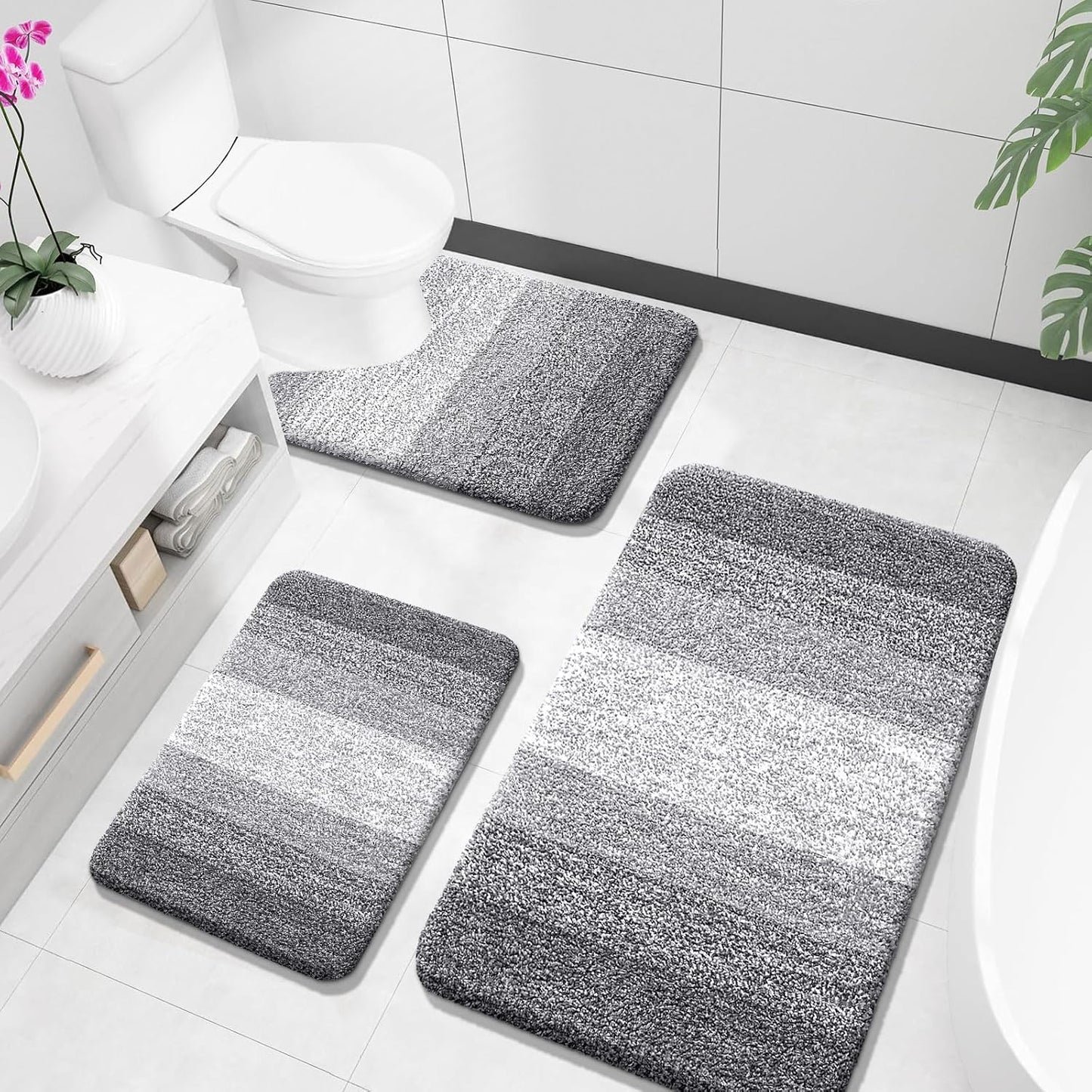 OLANLY Bathroom Rugs Sets 3 Piece, Soft Absorbent Microfiber Bath Mats and U-Shaped Contour Toilet Rug, Plush Shaggy Bath Mat Set for Bathroom (30"x20"+24"x16"+24"x20", Navy)