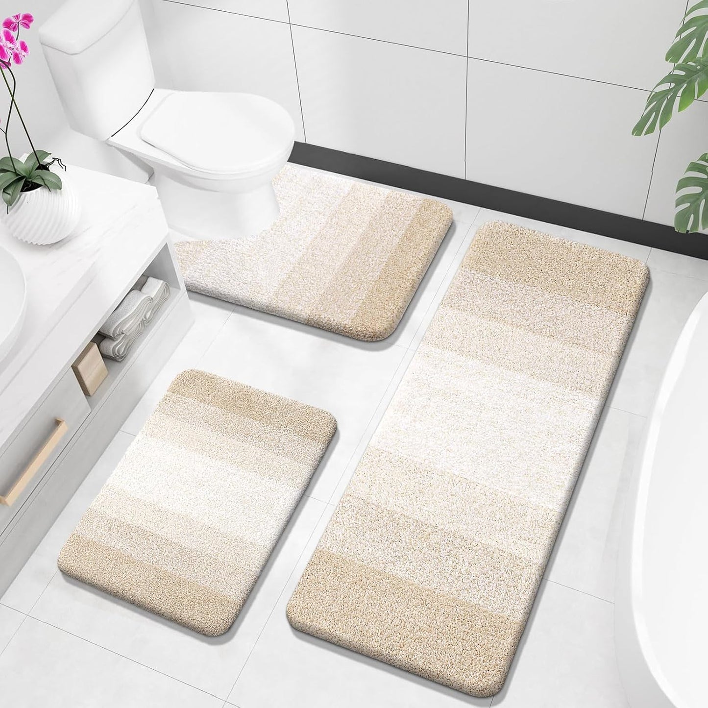 OLANLY Bathroom Rugs Sets 3 Piece, Soft Absorbent Microfiber Bath Mats and U-Shaped Contour Toilet Rug, Plush Shaggy Bath Mat Set for Bathroom (30"x20"+24"x16"+24"x20", Navy)