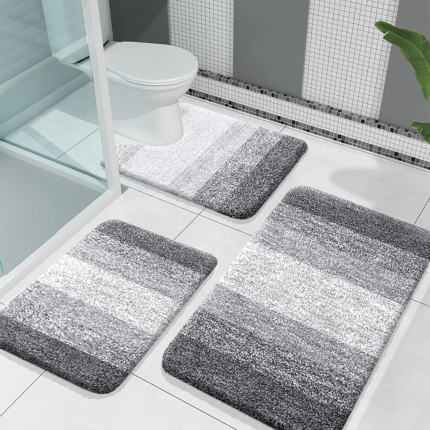 OLANLY Bathroom Rugs Sets 3 Piece, Soft Absorbent Microfiber Bath Mats and U-Shaped Contour Toilet Rug, Plush Shaggy Bath Mat Set for Bathroom (30"x20"+24"x16"+24"x20", Navy)