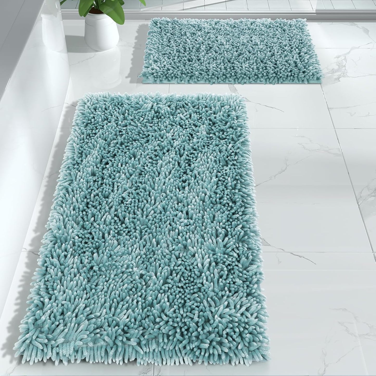 Yimobra Bathroom Rug Set 2 Piece, Luxury Shaggy Bath Mat Set with Non Slip Backing, Ultra Soft & Absorbent Mats for Bathroom Floor, Machine Washable, 31.5"x20"+24"x17", Blue