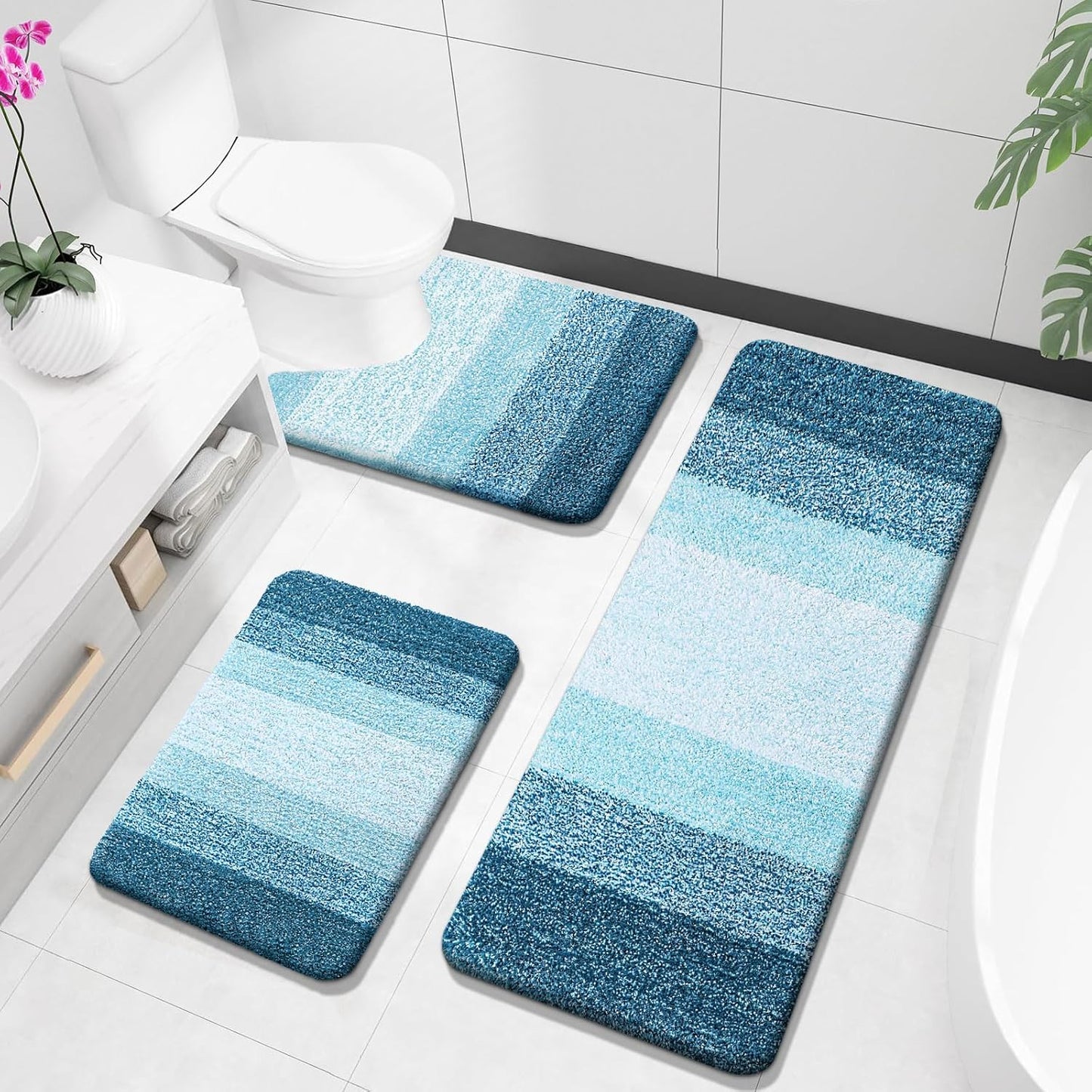 OLANLY Bathroom Rugs Sets 3 Piece, Soft Absorbent Microfiber Bath Mats and U-Shaped Contour Toilet Rug, Plush Shaggy Bath Mat Set for Bathroom (30"x20"+24"x16"+24"x20", Navy)