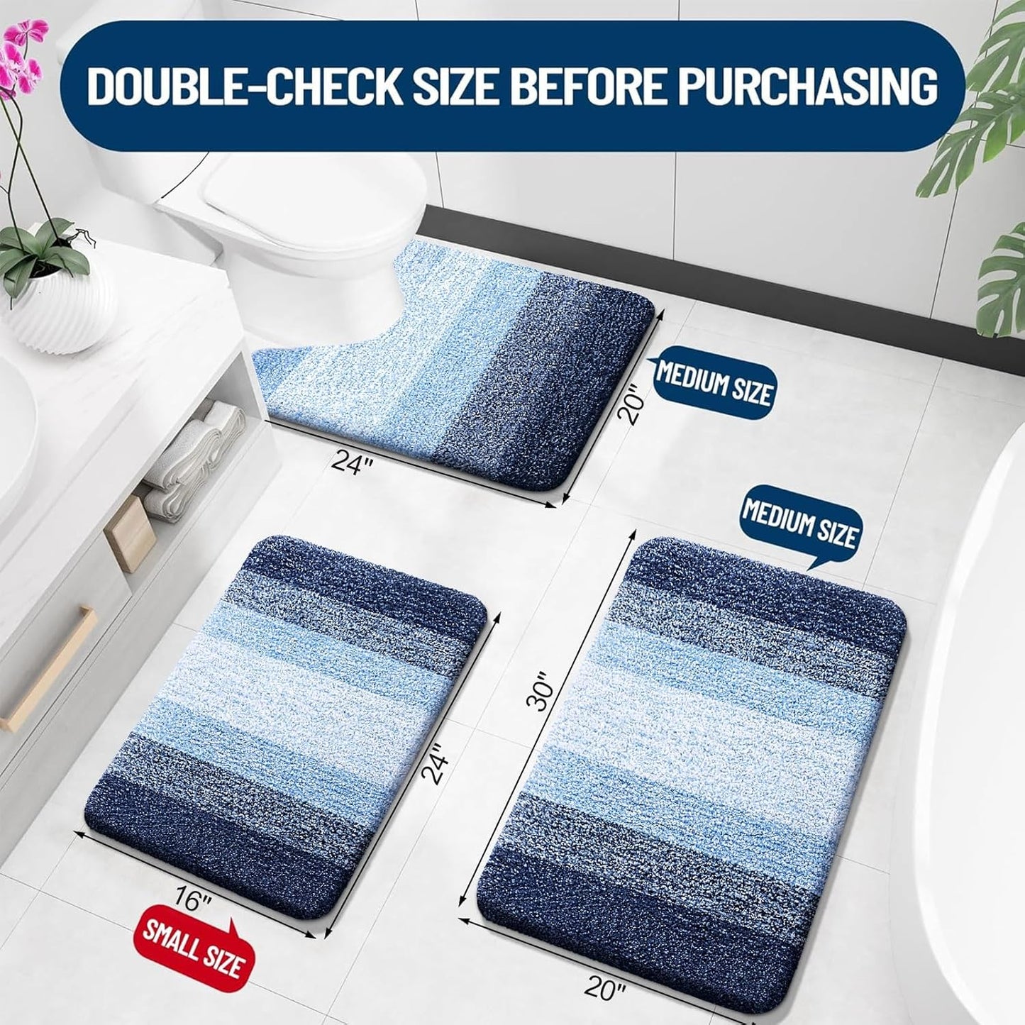 OLANLY Bathroom Rugs Sets 3 Piece, Soft Absorbent Microfiber Bath Mats and U-Shaped Contour Toilet Rug, Plush Shaggy Bath Mat Set for Bathroom (30"x20"+24"x16"+24"x20", Navy)