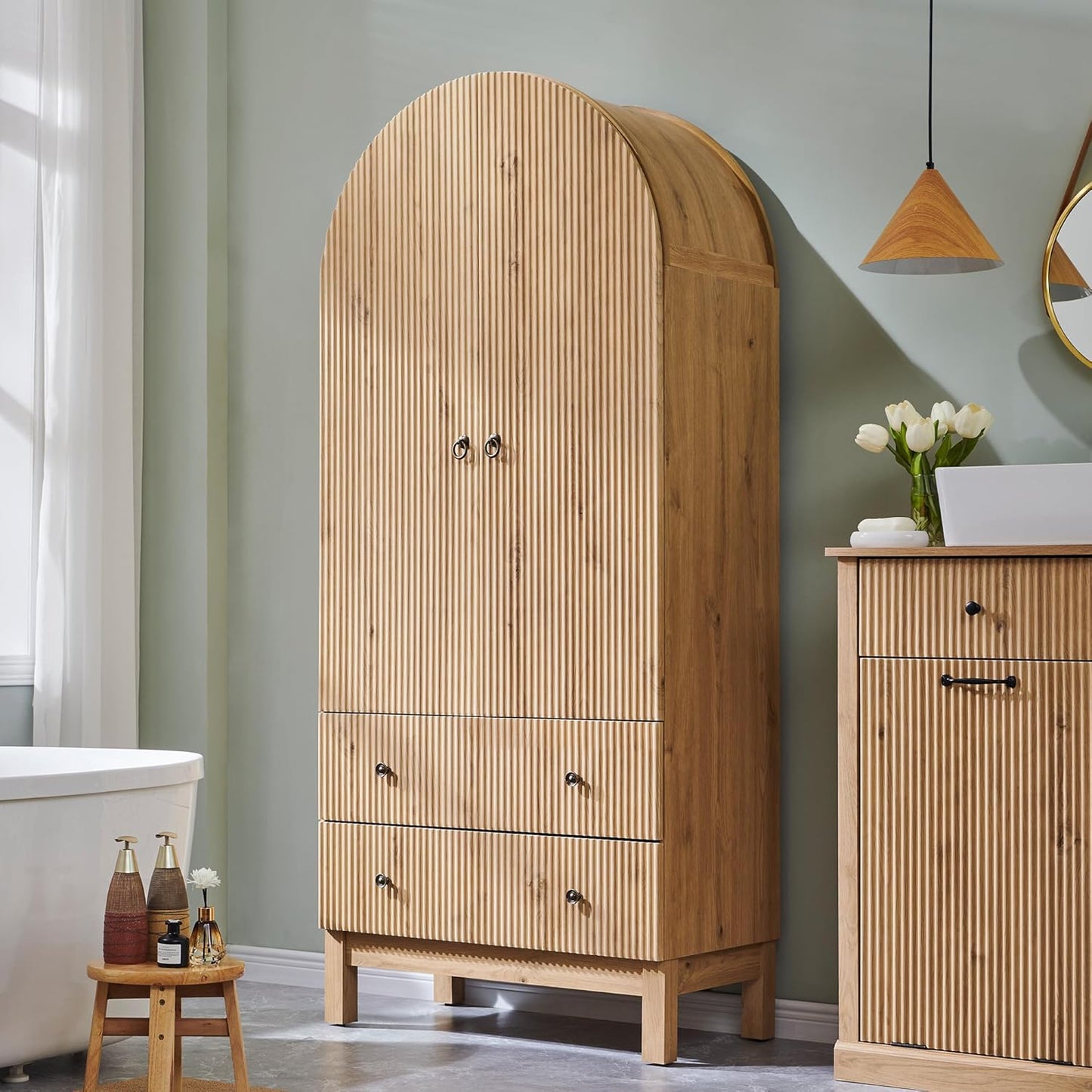 71" Tall Arched Bathroom Storage Cabinet, Modern Fluted Cabinet Storage with 4 Shlves and 2 Drawers, Floor Cabinet for Bathroom, Living Room, Kitchen, Natural