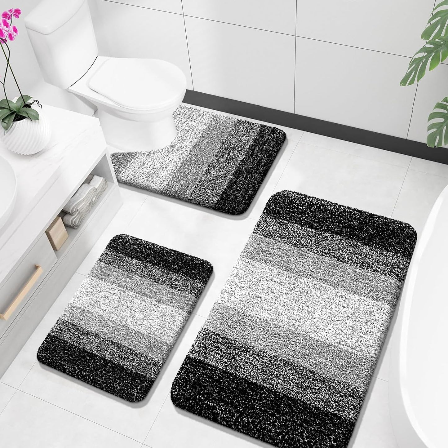 OLANLY Bathroom Rugs Sets 3 Piece, Soft Absorbent Microfiber Bath Mats and U-Shaped Contour Toilet Rug, Plush Shaggy Bath Mat Set for Bathroom (30"x20"+24"x16"+24"x20", Navy)