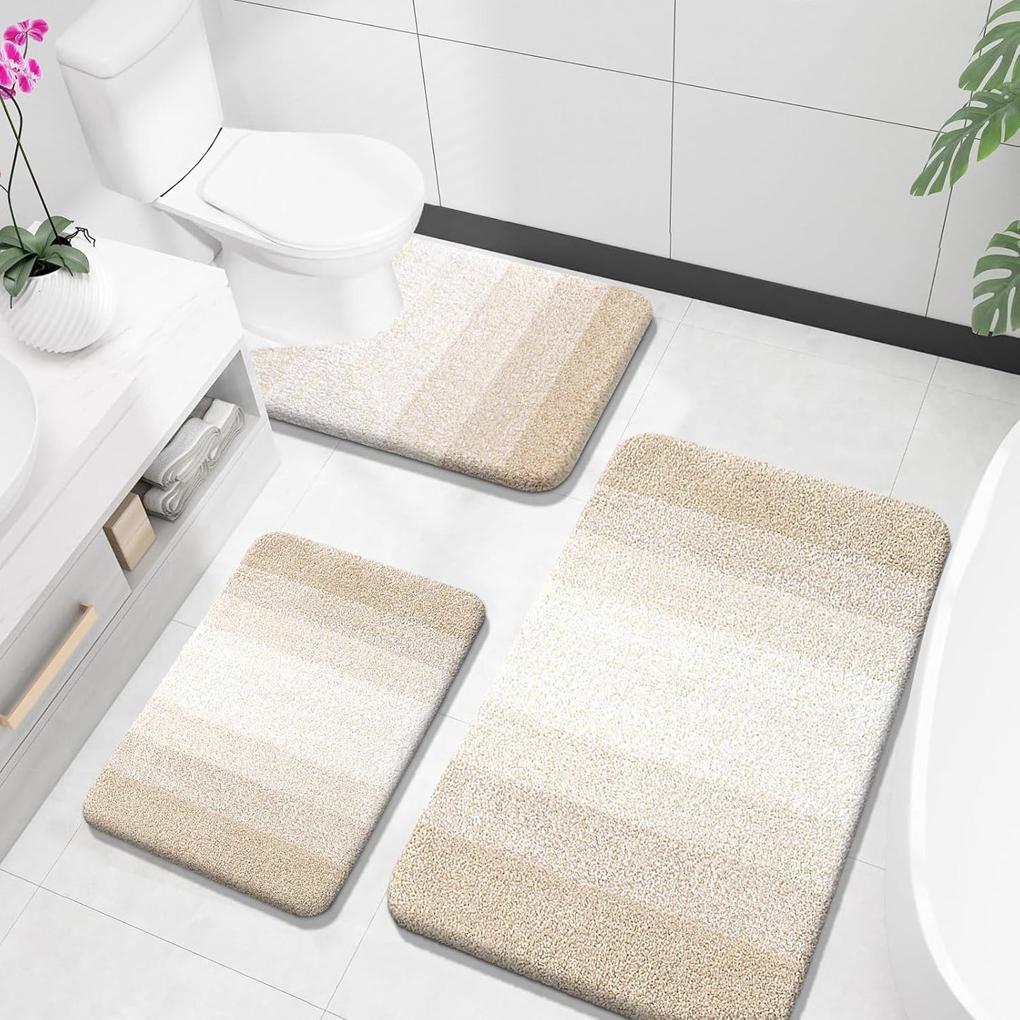OLANLY Bathroom Rugs Sets 3 Piece, Soft Absorbent Microfiber Bath Mats and U-Shaped Contour Toilet Rug, Plush Shaggy Bath Mat Set for Bathroom (30"x20"+24"x16"+24"x20", Navy)