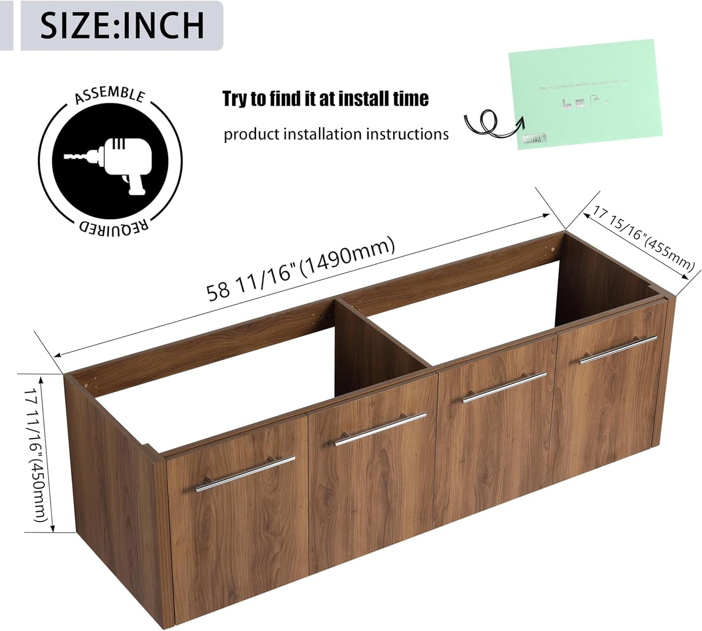 60 Inch Bathroom Vanity Without Sink, 60" Floating Vanity Without Top, Modern Wall Mounted Cabinet for Large Space, Large Bathroom Storage Cabinet with 4 Soft-Closing Doors and Bar Handles