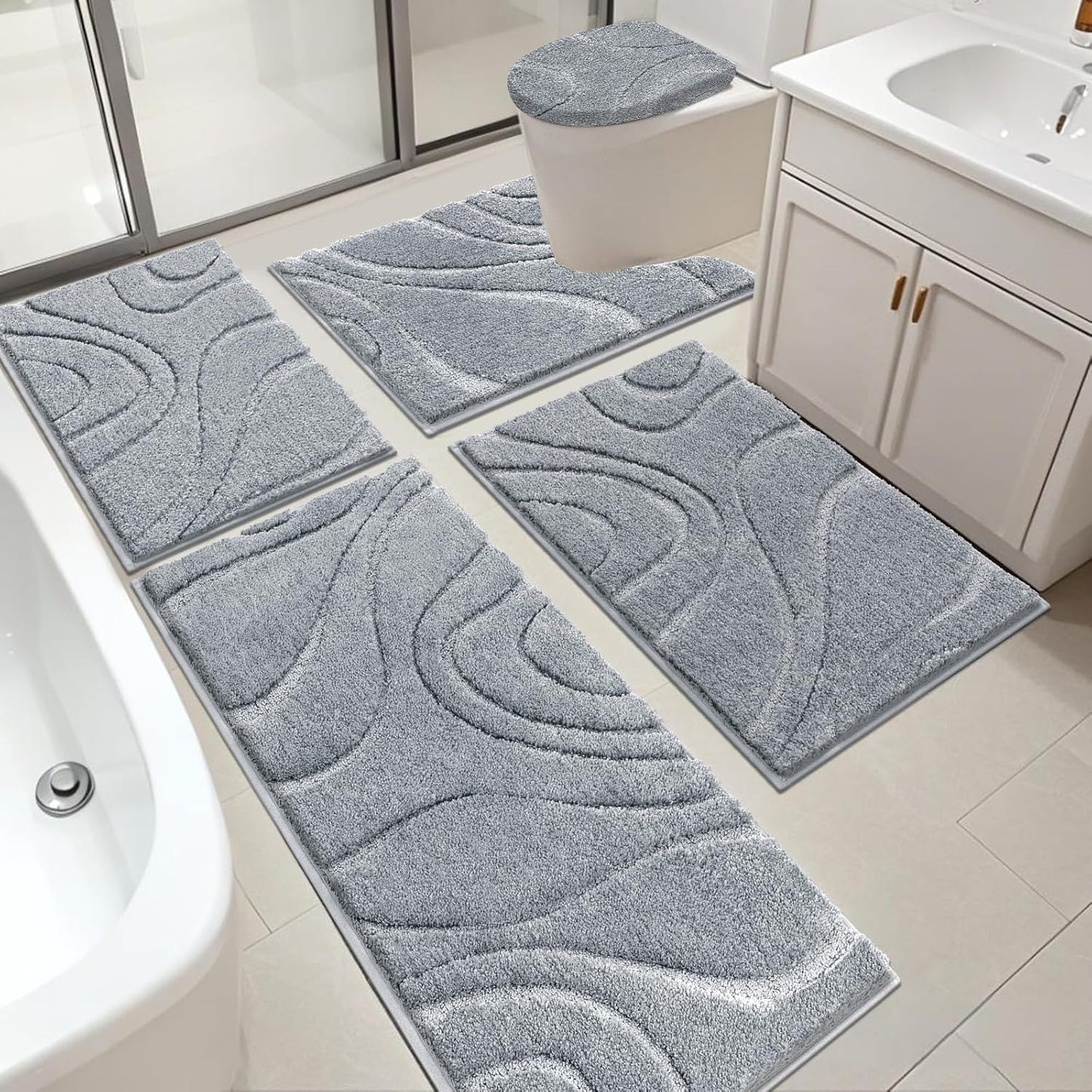 HEBE Bathroom Rugs Sets 5 Piece, Soft Absorbent Microfiber Bath Mat for Bathroom, Non Slip Washable Bath Rug Set with Toilet Cover, Bath Runner and U-Shaped Contour Toilet Rug, Coffee