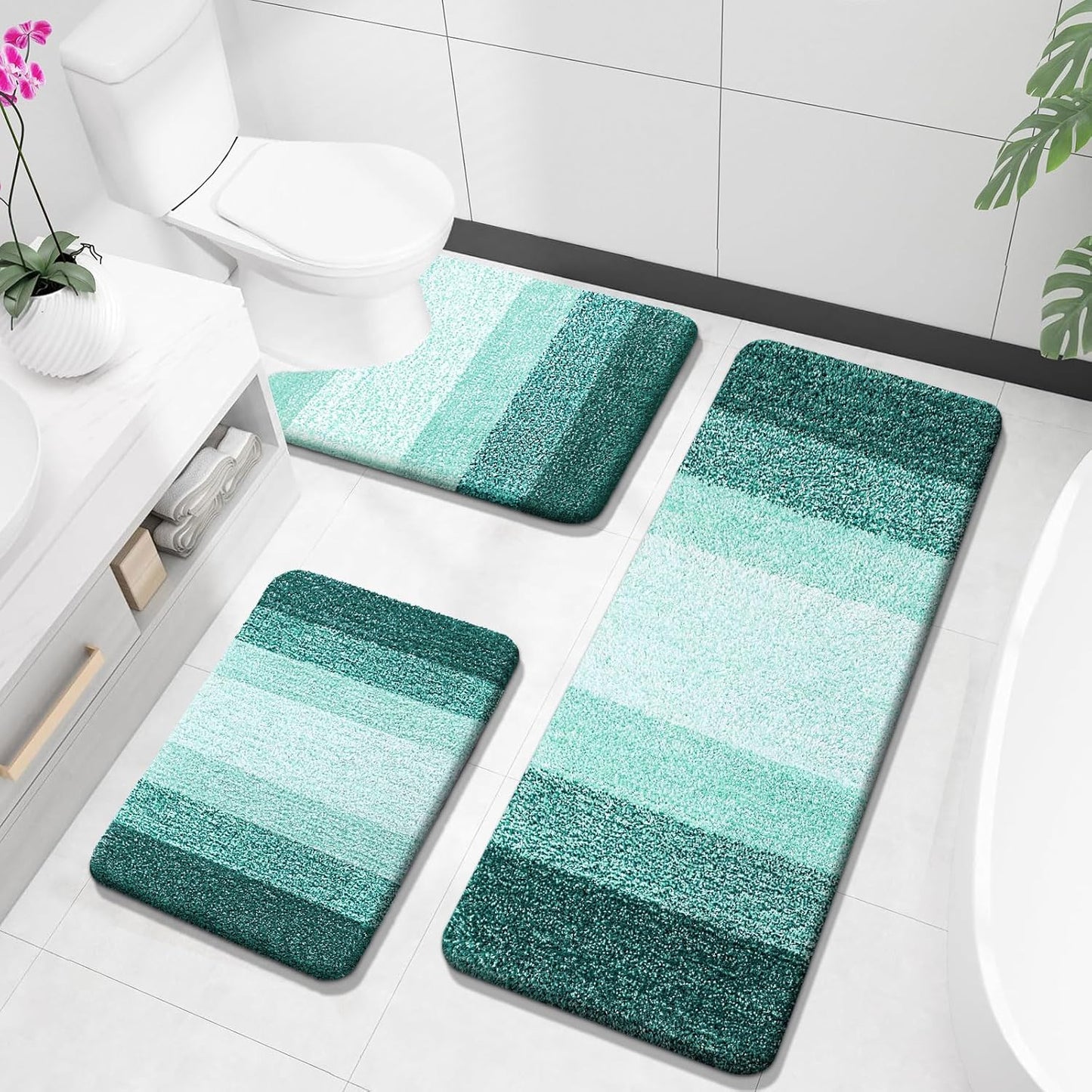 OLANLY Bathroom Rugs Sets 3 Piece, Soft Absorbent Microfiber Bath Mats and U-Shaped Contour Toilet Rug, Plush Shaggy Bath Mat Set for Bathroom (30"x20"+24"x16"+24"x20", Navy)