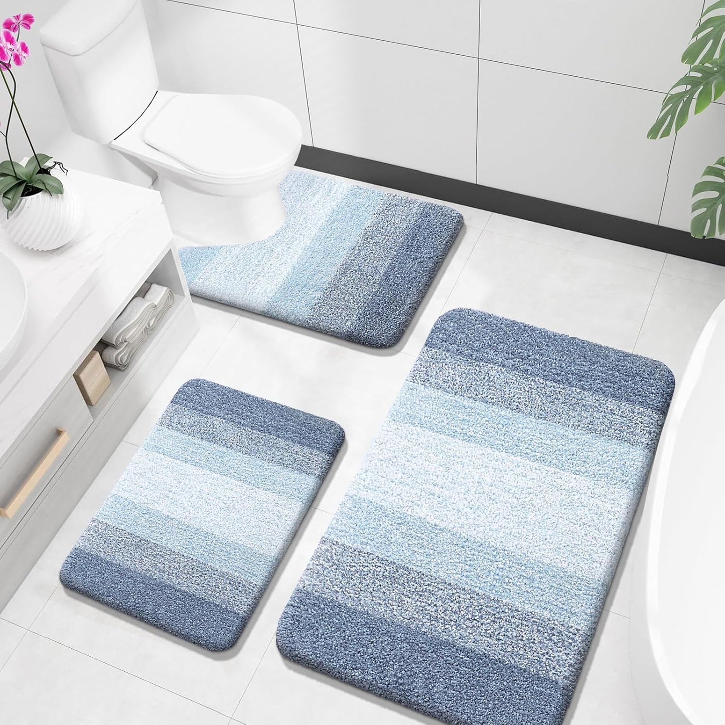 OLANLY Bathroom Rugs Sets 3 Piece, Soft Absorbent Microfiber Bath Mats and U-Shaped Contour Toilet Rug, Plush Shaggy Bath Mat Set for Bathroom (30"x20"+24"x16"+24"x20", Navy)
