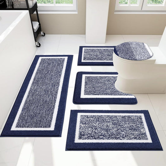 Pauwer Bathroom Rugs Set 5 Piece, Plush Absorbent Microfiber Bath Mats for Bathroom, Non Slip Washable Bath Rug Set with U Shaped Contour Toilet Rugs, Shower Rug and Toilet Lid Cover, Navy Blue