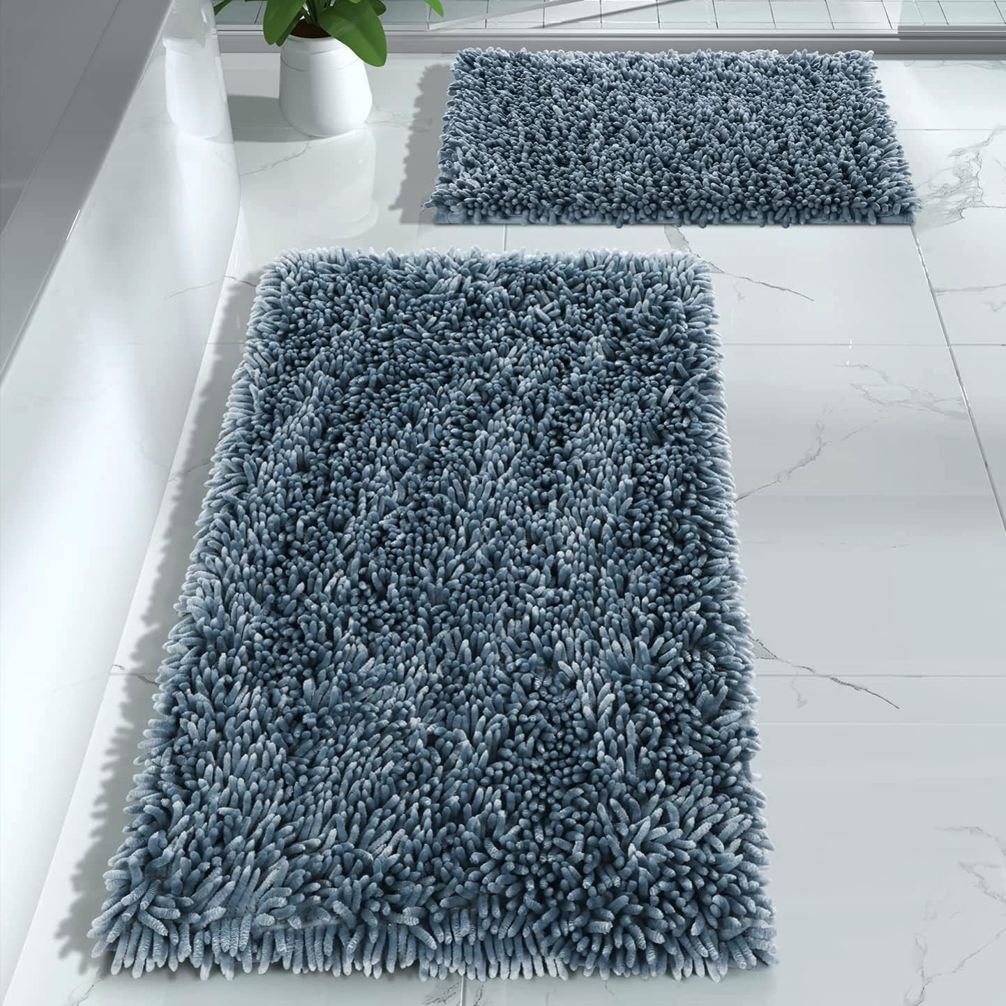Yimobra Bathroom Rug Set 2 Piece, Luxury Shaggy Bath Mat Set with Non Slip Backing, Ultra Soft & Absorbent Mats for Bathroom Floor, Machine Washable, 31.5"x20"+24"x17", Blue