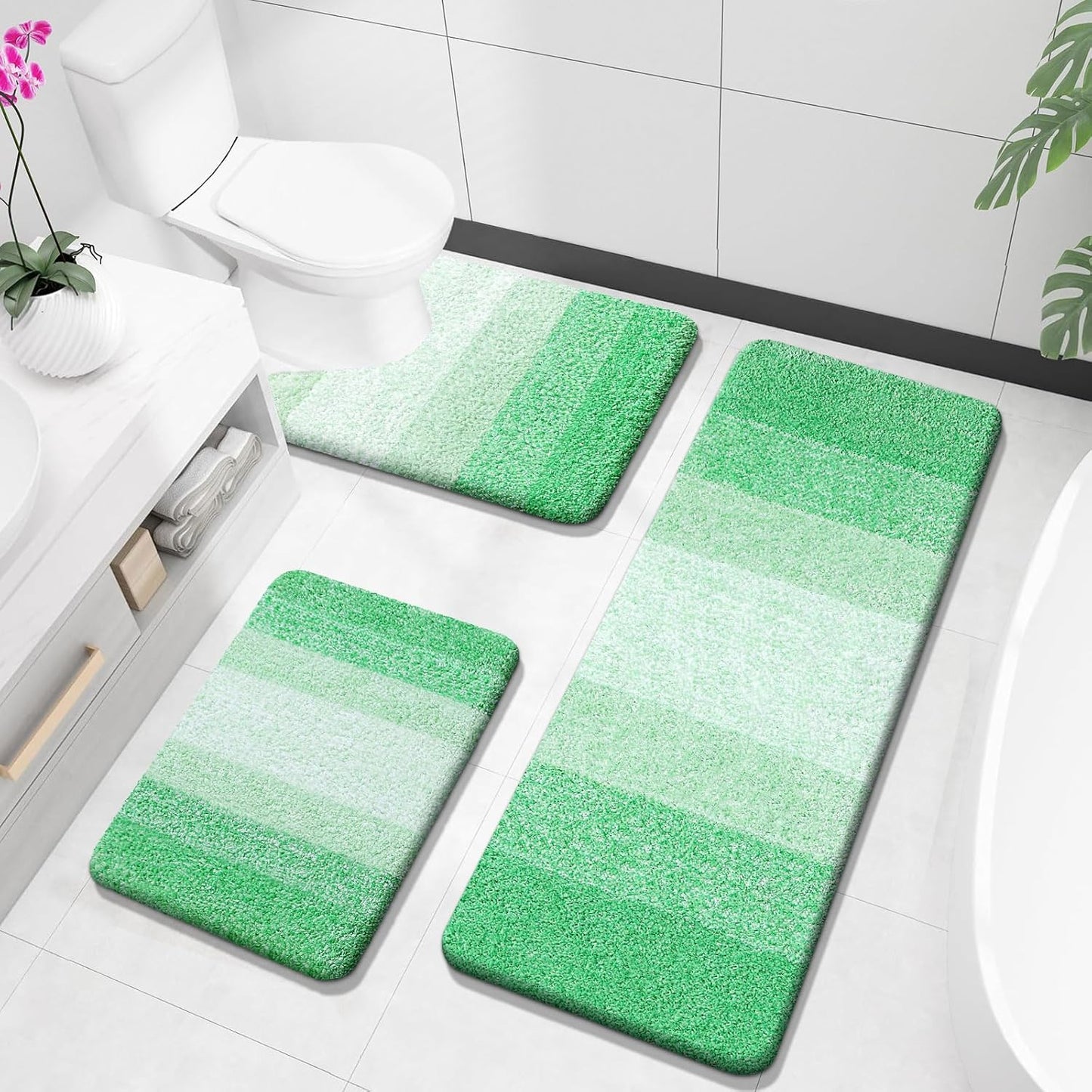 OLANLY Bathroom Rugs Sets 3 Piece, Soft Absorbent Microfiber Bath Mats and U-Shaped Contour Toilet Rug, Plush Shaggy Bath Mat Set for Bathroom (30"x20"+24"x16"+24"x20", Navy)