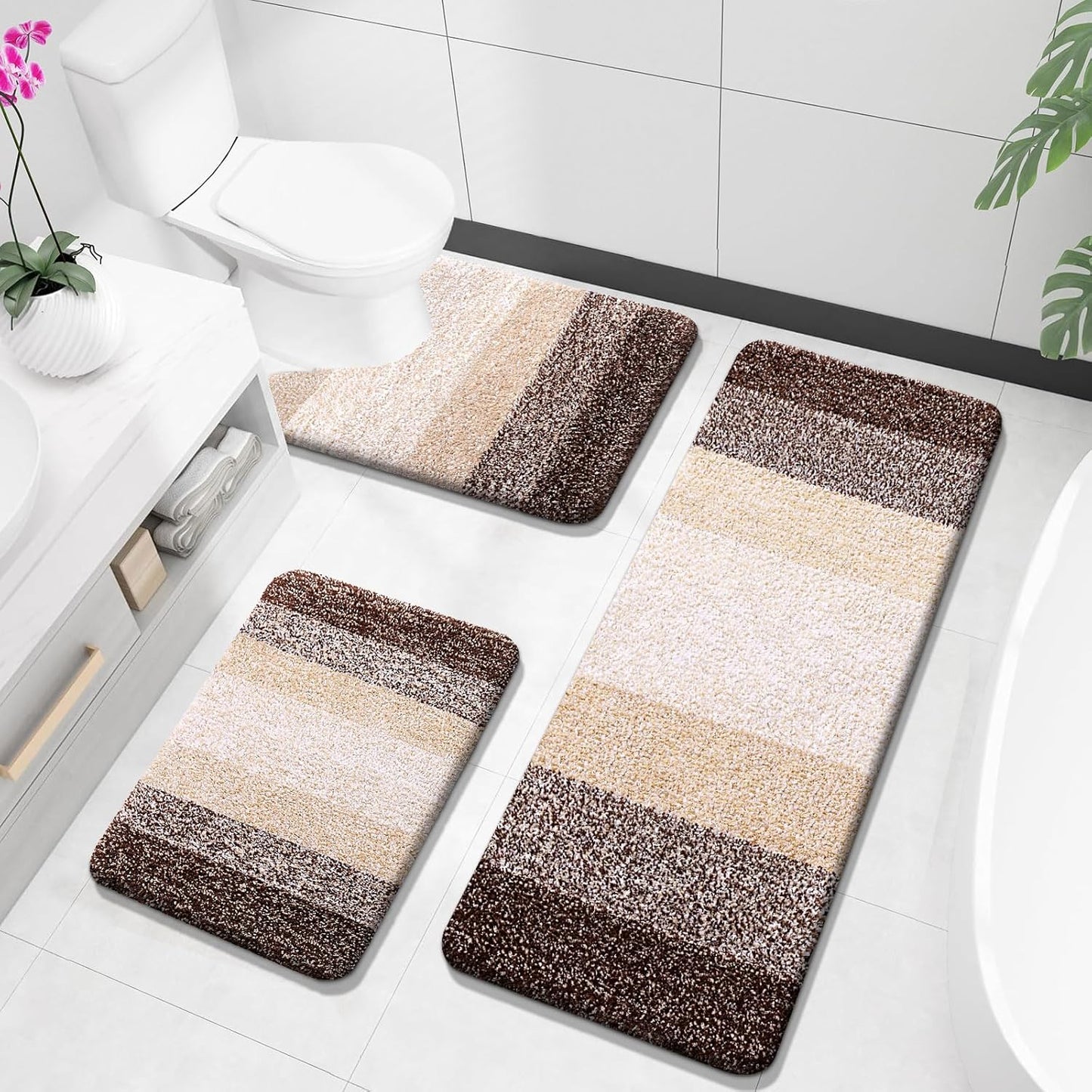OLANLY Bathroom Rugs Sets 3 Piece, Soft Absorbent Microfiber Bath Mats and U-Shaped Contour Toilet Rug, Plush Shaggy Bath Mat Set for Bathroom (30"x20"+24"x16"+24"x20", Navy)