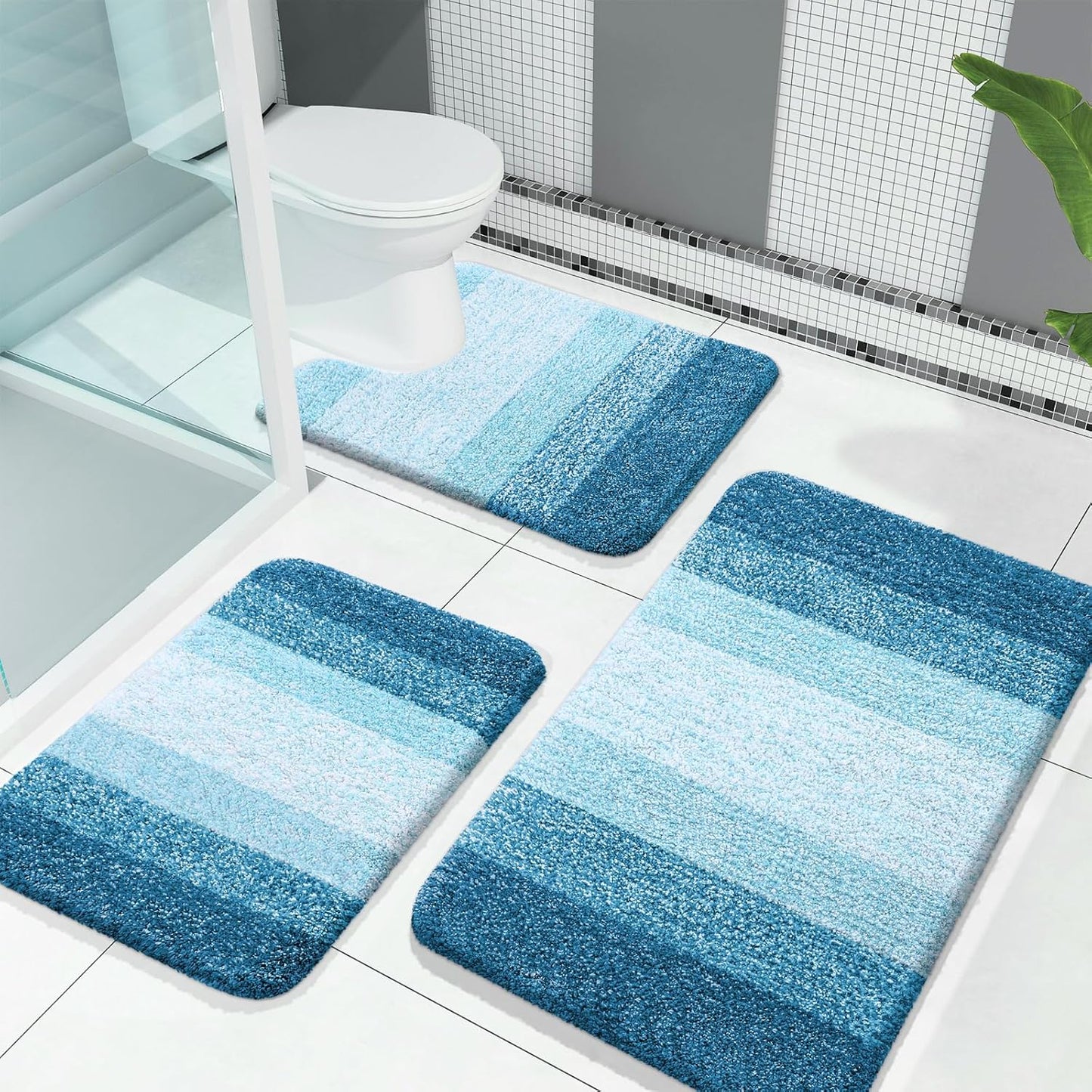 OLANLY Bathroom Rugs Sets 3 Piece, Soft Absorbent Microfiber Bath Mats and U-Shaped Contour Toilet Rug, Plush Shaggy Bath Mat Set for Bathroom (30"x20"+24"x16"+24"x20", Navy)