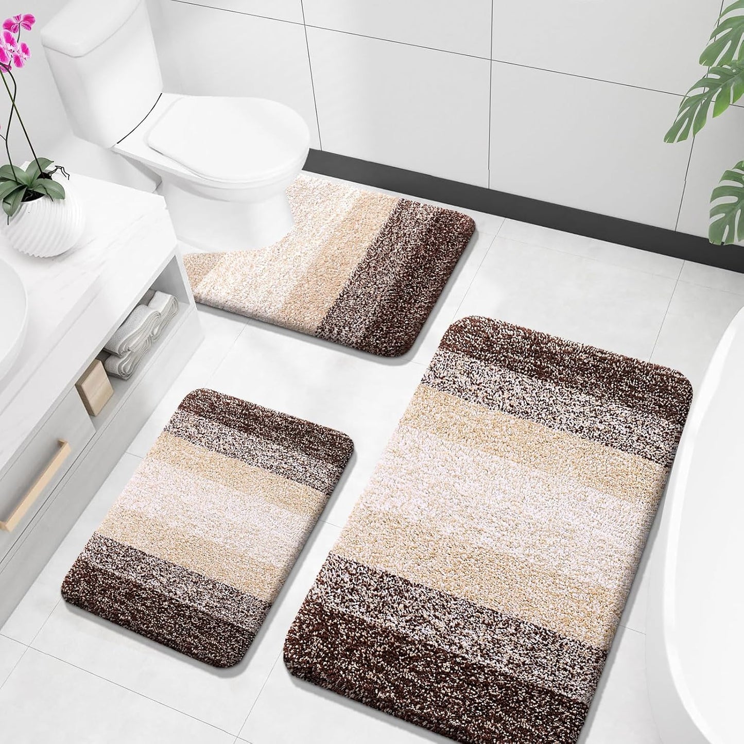 OLANLY Bathroom Rugs Sets 3 Piece, Soft Absorbent Microfiber Bath Mats and U-Shaped Contour Toilet Rug, Plush Shaggy Bath Mat Set for Bathroom (30"x20"+24"x16"+24"x20", Navy)