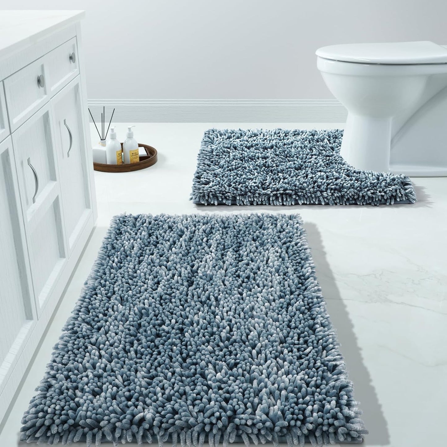 Yimobra Bathroom Rug Set 2 Piece, Luxury Shaggy Bath Mat Set with Non Slip Backing, Ultra Soft & Absorbent Mats for Bathroom Floor, Machine Washable, 31.5"x20"+24"x17", Blue