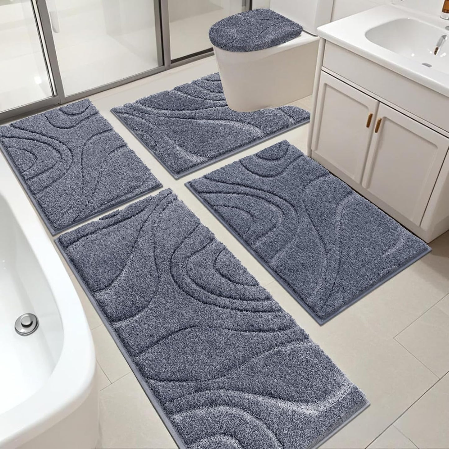 HEBE Bathroom Rugs Sets 5 Piece, Soft Absorbent Microfiber Bath Mat for Bathroom, Non Slip Washable Bath Rug Set with Toilet Cover, Bath Runner and U-Shaped Contour Toilet Rug, Coffee