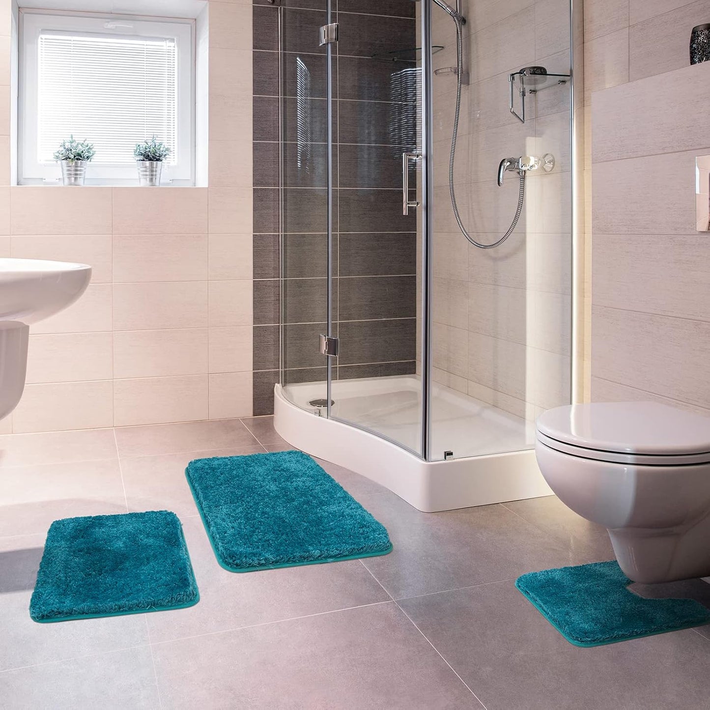 MIULEE 3 Pieces Bathroom Rugs and mats Sets Extra Thick Non Slip Microfiber Bath Mats and U-Shaped Contour Toilet Rug for Bath Room Floor Restroom,20"x30"+16"x24"+20"x20", Teal