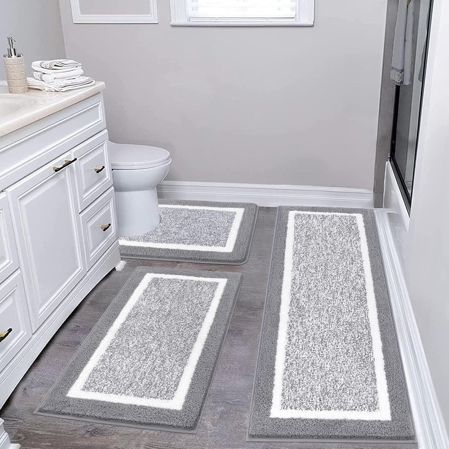 Pauwer 3 Pieces Bathroom Rugs Sets, Ultra Soft Non-Slip Mats, Microfiber Absorbent Bath Rugs with U-Shaped Toilet Rug for Bath Floor, Tub, Shower, Blue