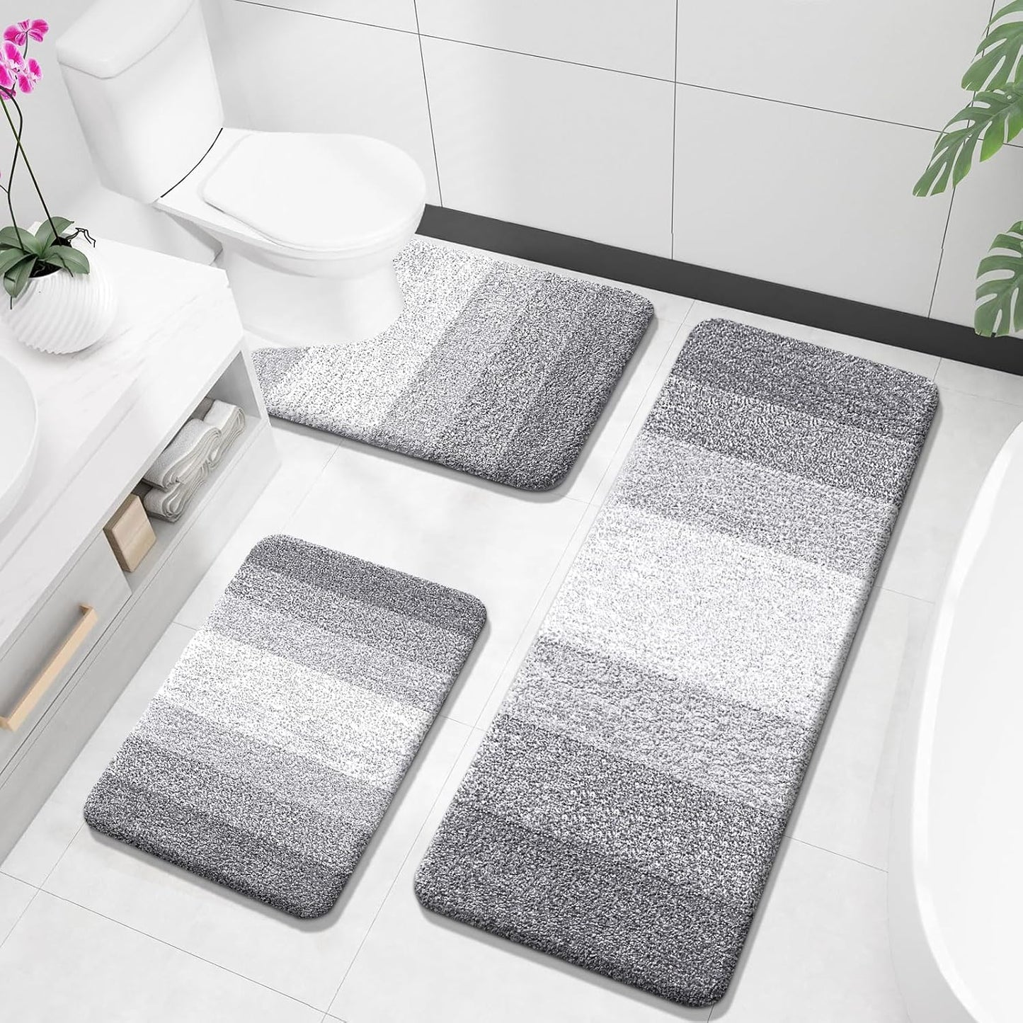 OLANLY Bathroom Rugs Sets 3 Piece, Soft Absorbent Microfiber Bath Mats and U-Shaped Contour Toilet Rug, Plush Shaggy Bath Mat Set for Bathroom (30"x20"+24"x16"+24"x20", Navy)