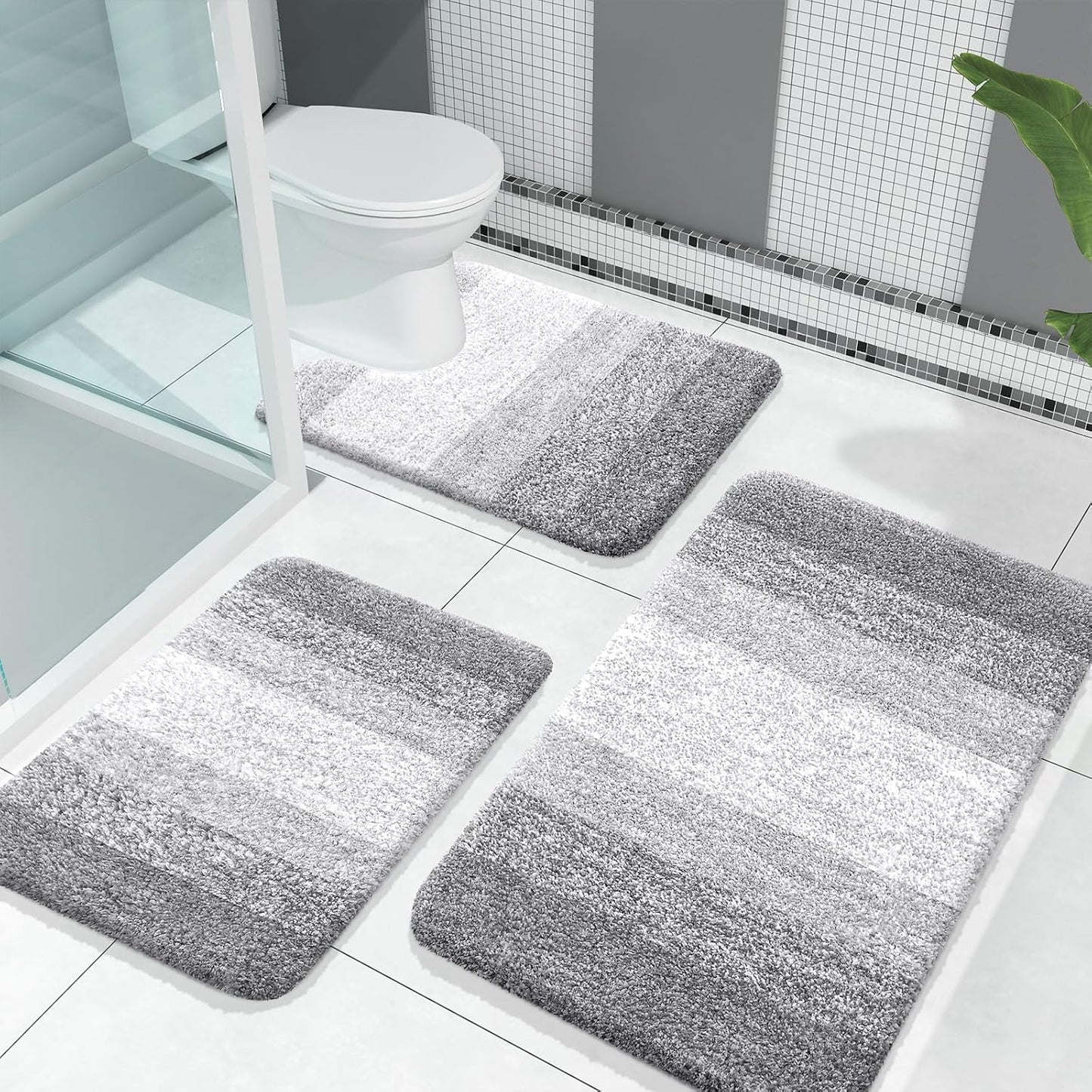 OLANLY Bathroom Rugs Sets 3 Piece, Soft Absorbent Microfiber Bath Mats and U-Shaped Contour Toilet Rug, Plush Shaggy Bath Mat Set for Bathroom (30"x20"+24"x16"+24"x20", Navy)