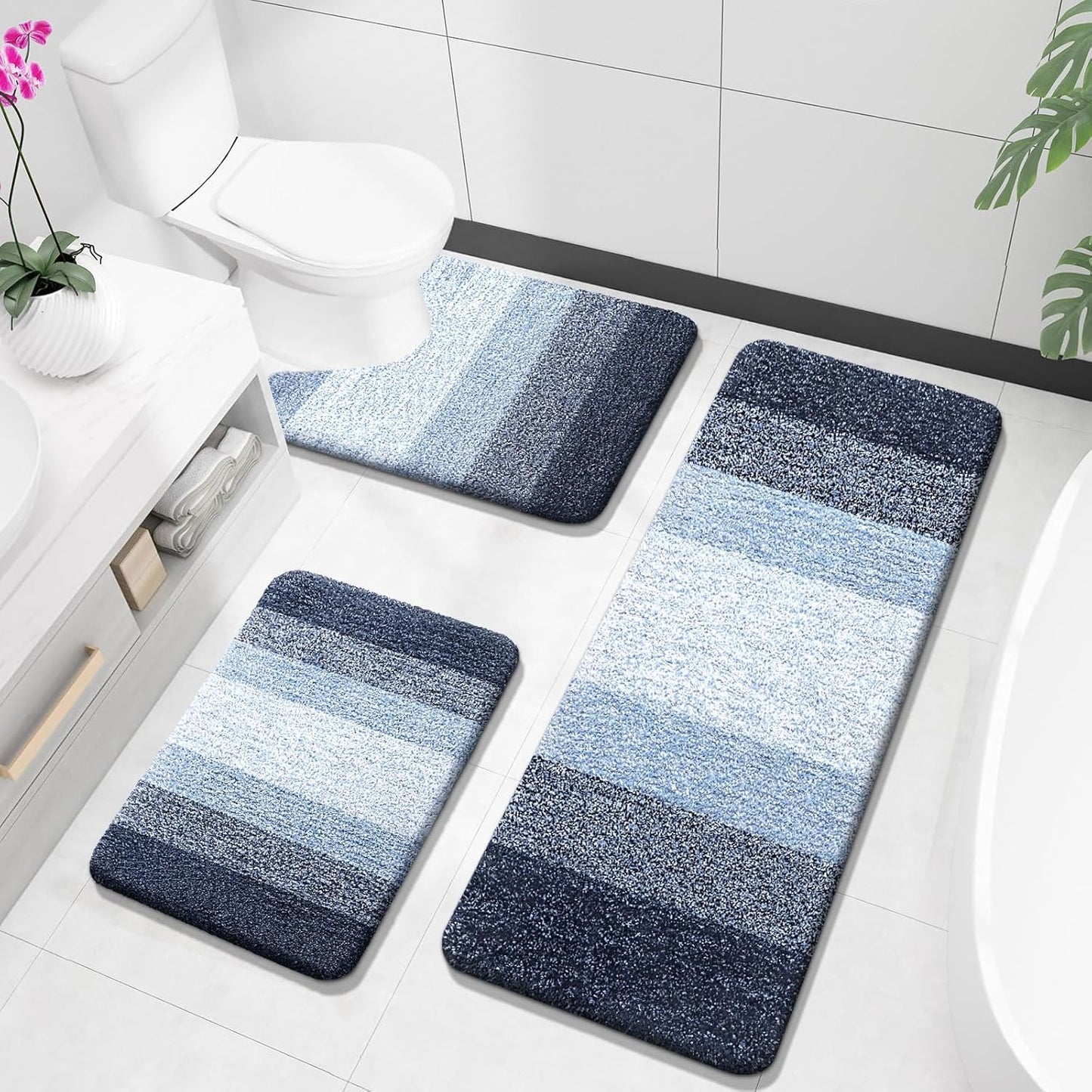 OLANLY Bathroom Rugs Sets 3 Piece, Soft Absorbent Microfiber Bath Mats and U-Shaped Contour Toilet Rug, Plush Shaggy Bath Mat Set for Bathroom (30"x20"+24"x16"+24"x20", Navy)