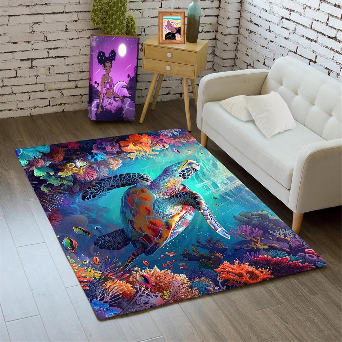 Sea Turtle Rug - Ocean Animal Theme Area Rug Blue Turtle Coral Printted Carpet Sea Animal Underwater Carpet Sea Turtle Mat for Kids Bedroom Living Room Decor,3'×5'