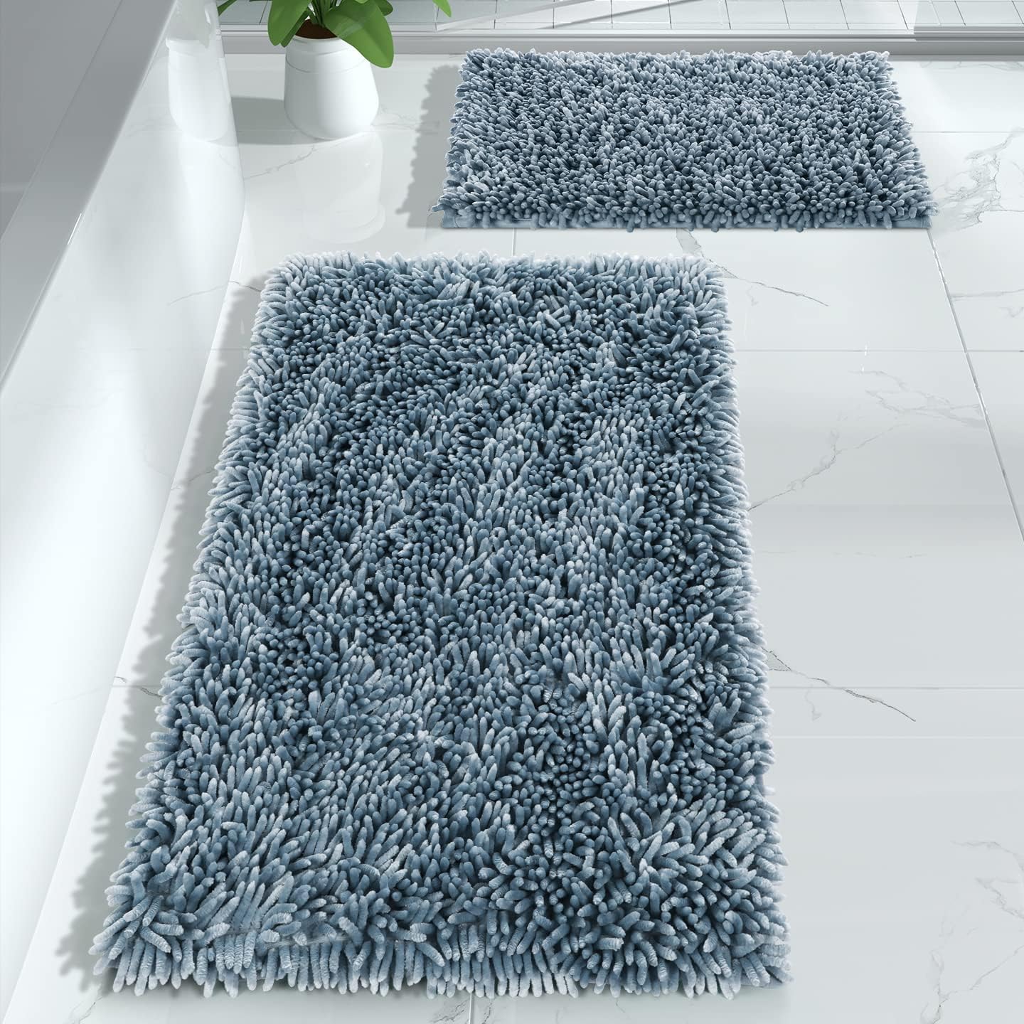 Yimobra Bathroom Rug Set 2 Piece, Luxury Shaggy Bath Mat Set with Non Slip Backing, Ultra Soft & Absorbent Mats for Bathroom Floor, Machine Washable, 31.5"x20"+24"x17", Blue