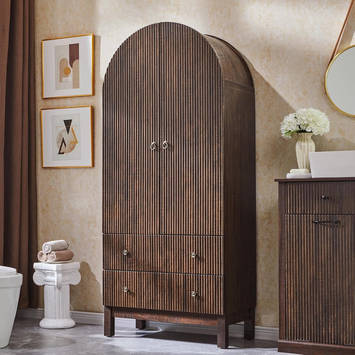 71" Tall Arched Bathroom Storage Cabinet, Modern Fluted Cabinet Storage with 4 Shlves and 2 Drawers, Floor Cabinet for Bathroom, Living Room, Kitchen, Natural