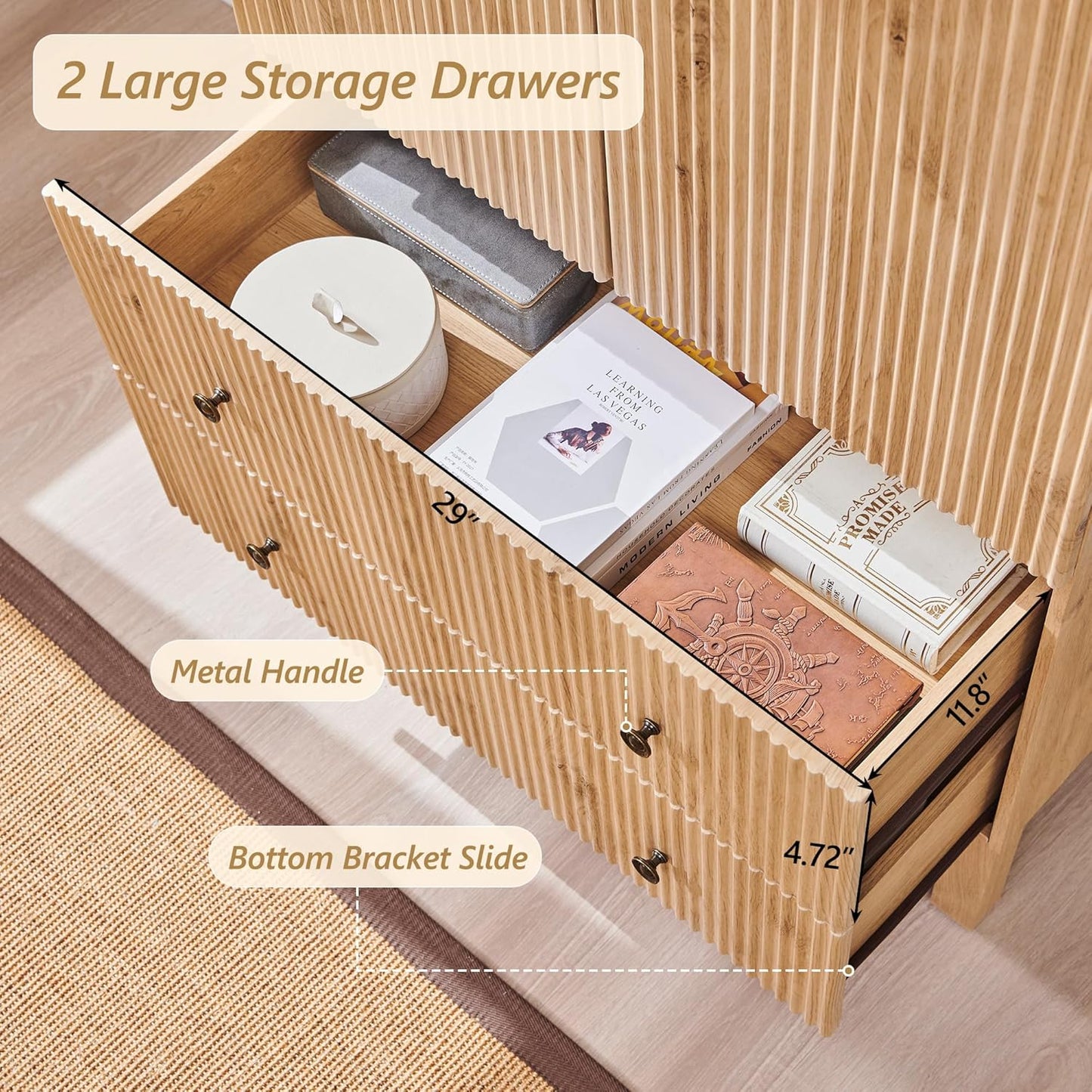 71" Tall Arched Bathroom Storage Cabinet, Modern Fluted Cabinet Storage with 4 Shlves and 2 Drawers, Floor Cabinet for Bathroom, Living Room, Kitchen, Natural