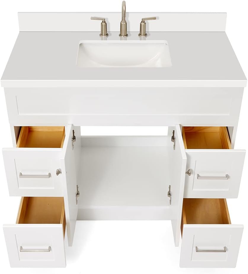 ARIEL Hamlet 43 Inch Single Sink Bathroom Vanity in White, 1.5" Edge Quartz Top, Solid Wood, Rectangular Sink, 2 Soft Closing Doors, 4 Full Extension Dovetail Drawers, Toe Kick