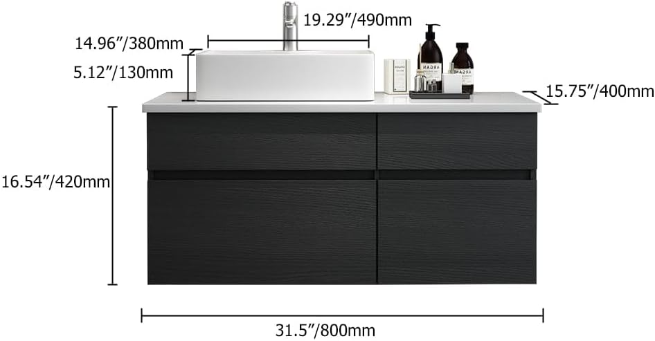 31'' Bathroom Vanity Floating Bathroom Sink Cabinet with Ceramic Vessel Sink Black & White Wall Mounted Floating Vanity
