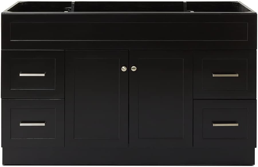 DKB Bradford Series 54" Inch Bathroom Base Cabinet in Black, Center Sink Configuration, Built in Toe Kick, 2 Soft Closing Doors, 4 Full Extension Dovetail Drawers