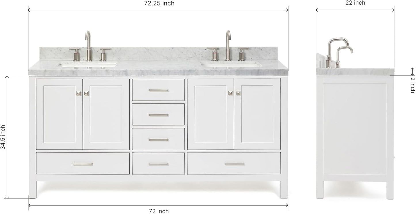 ARIEL 72" White Double Vanity, 2" Edge Italian Carrara Marble Countertop & Splash, Rectangular Sinks, 4 Soft Closing Doors, 6 Full Extension Dovetail Drawers, Brushed Nickel