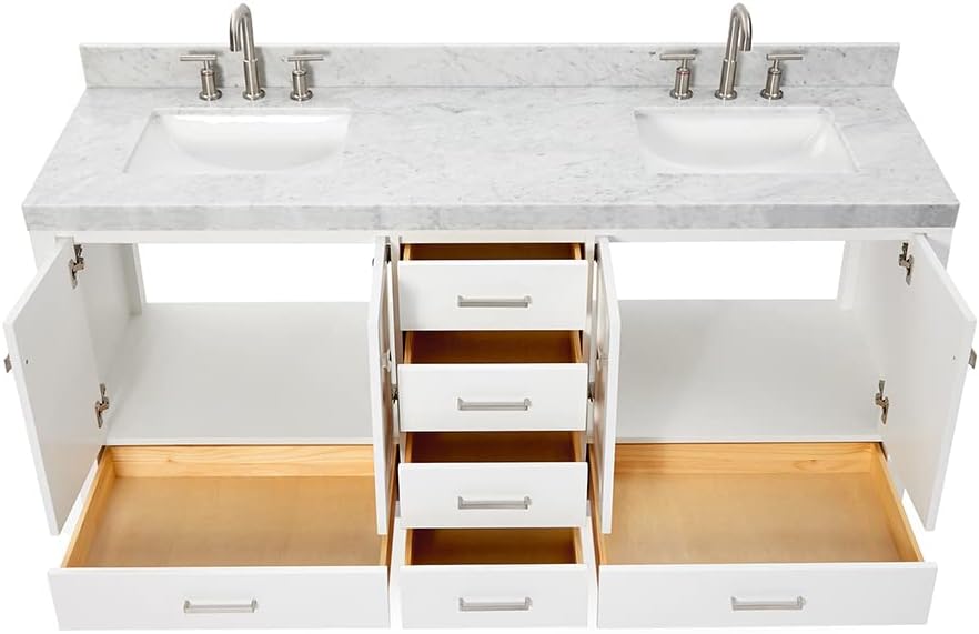 ARIEL 72" White Double Vanity, 2" Edge Italian Carrara Marble Countertop & Splash, Rectangular Sinks, 4 Soft Closing Doors, 6 Full Extension Dovetail Drawers, Brushed Nickel