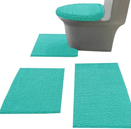Madeals Bath Rug Set Combo 4 Piece with Toilet Lid Cover, Soft Shaggy Bath Rug Set 3 Piece and U-Shaped Toilet Floor Rug Navy Blue